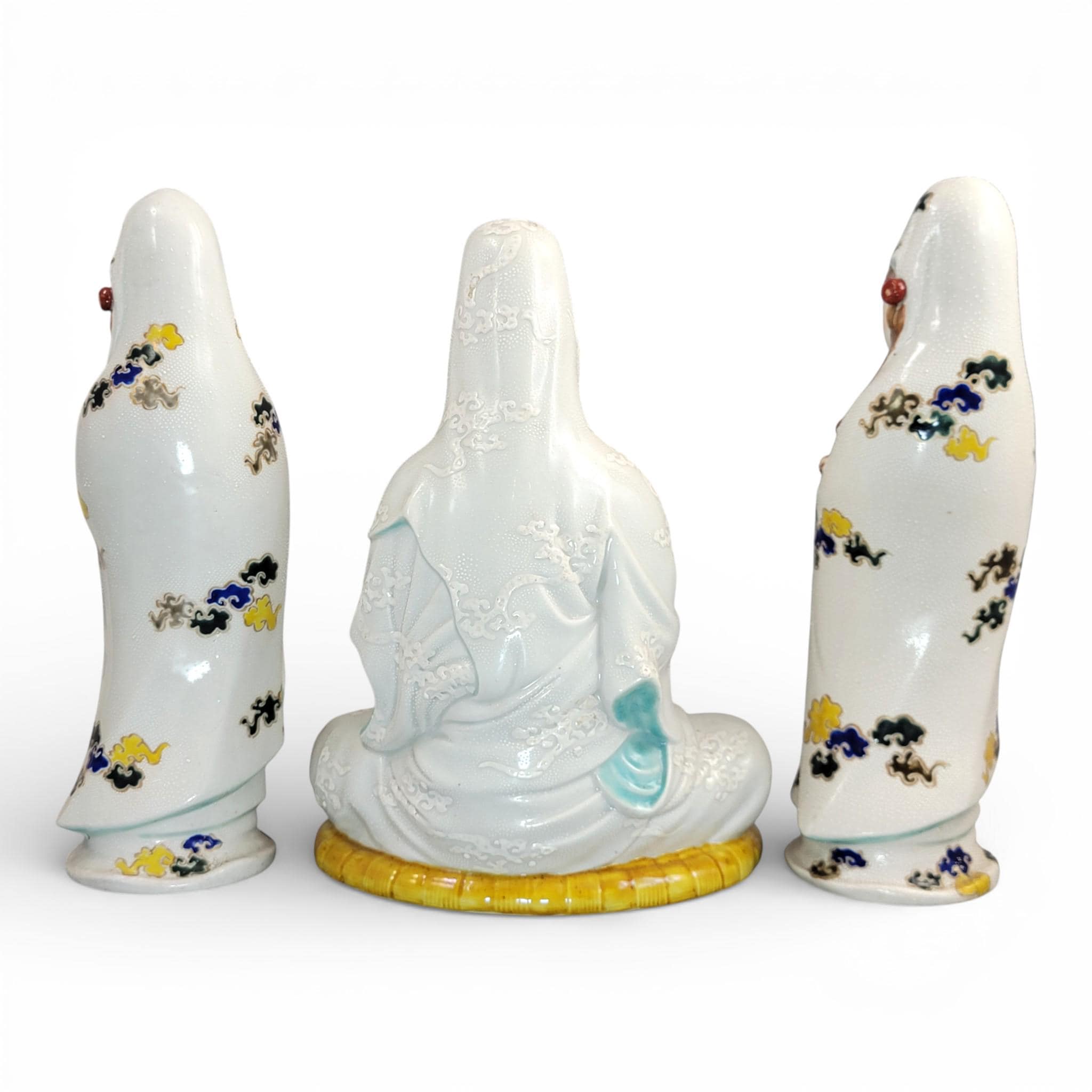 Antique Japanese Kutani porcelain Kannon Buddhist triad with attendant bodhisattvas, Meiji period c. 1880–1900
