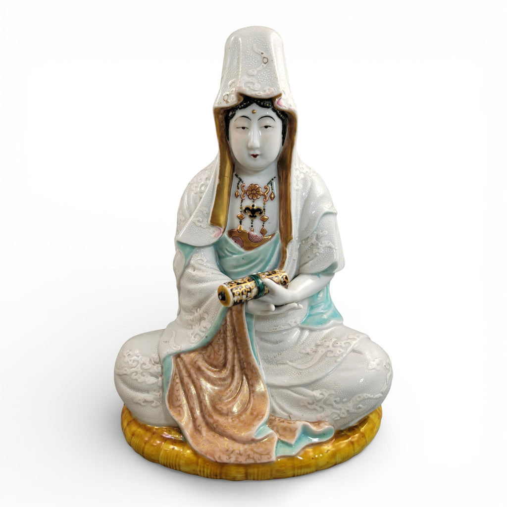 Antique Japanese Kutani porcelain Kannon Buddhist triad with attendant bodhisattvas, Meiji period c. 1880–1900