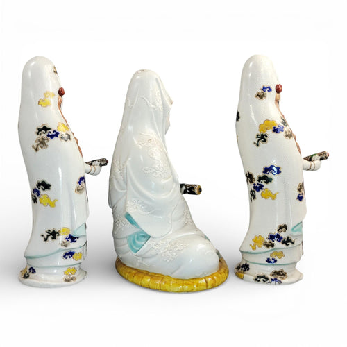 Antique Japanese Kutani porcelain Kannon Buddhist triad with attendant bodhisattvas, Meiji period c. 1880–1900