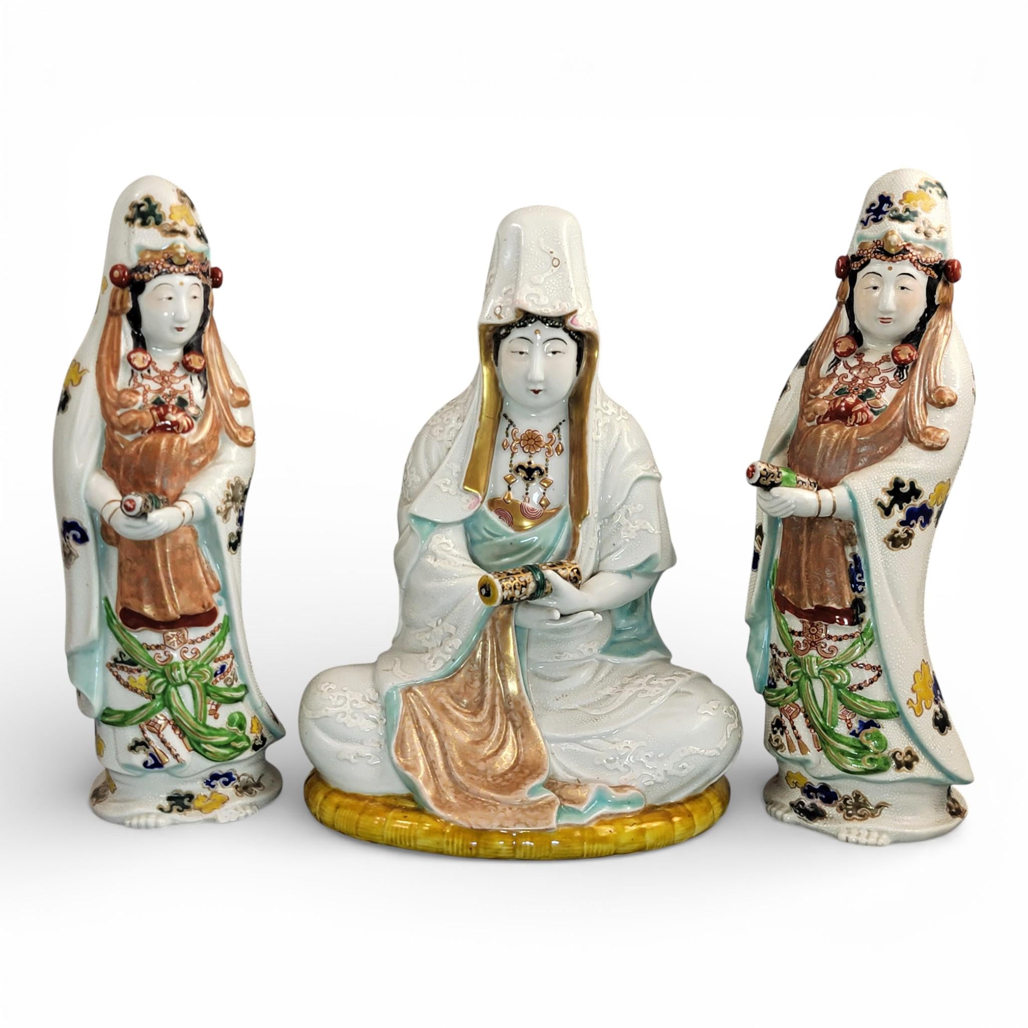 Antique Japanese Kutani porcelain Kannon Buddhist triad with attendant bodhisattvas, Meiji period c. 1880–1900