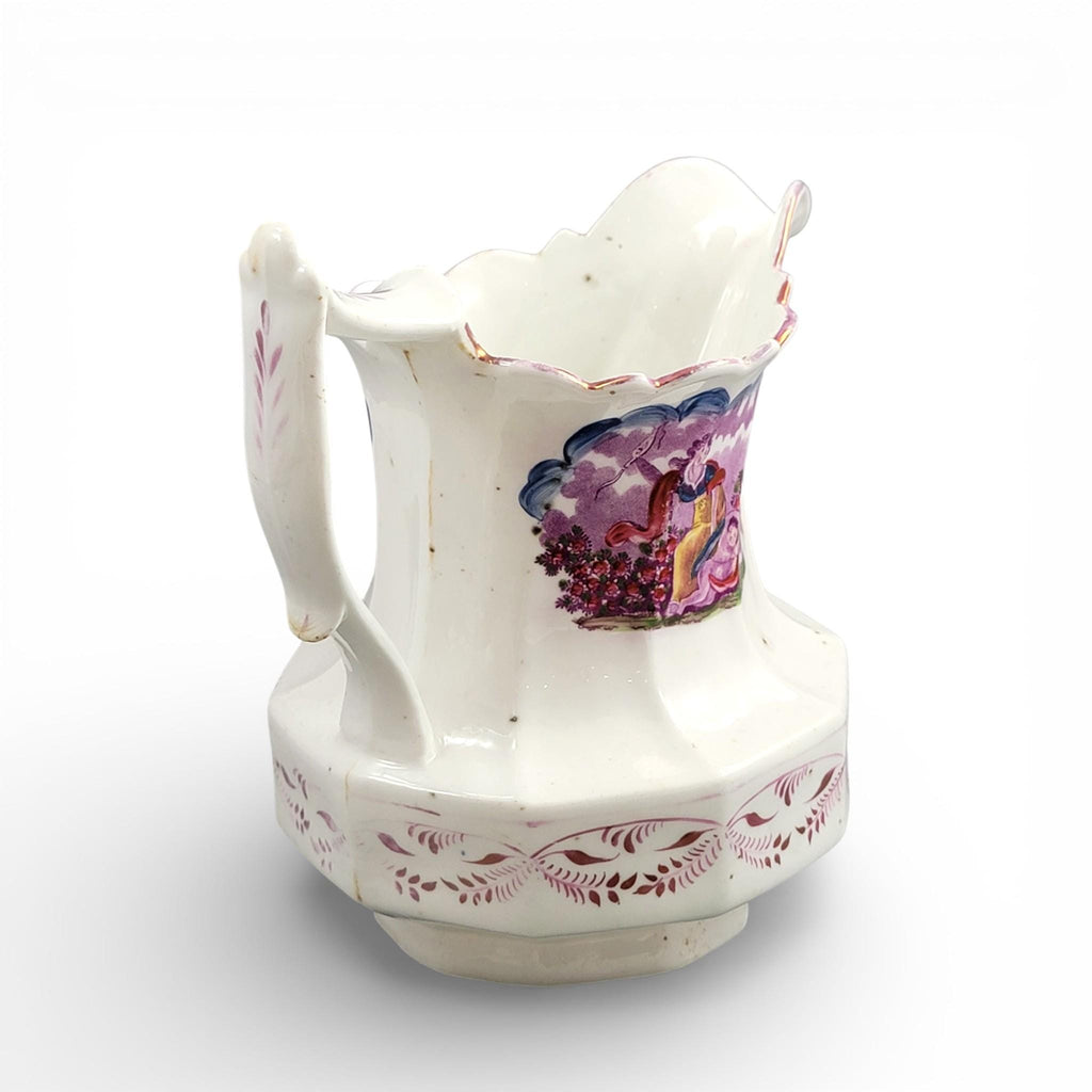 Antique Staffordshire pearlware lustre jug with purple transfer pastoral scene, c. 1825–1840