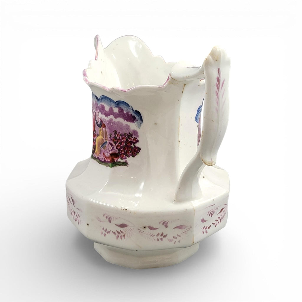 Antique Staffordshire pearlware lustre jug with purple transfer pastoral scene, c. 1825–1840