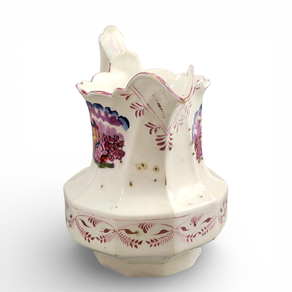 Antique Staffordshire pearlware lustre jug with purple transfer pastoral scene, c. 1825–1840