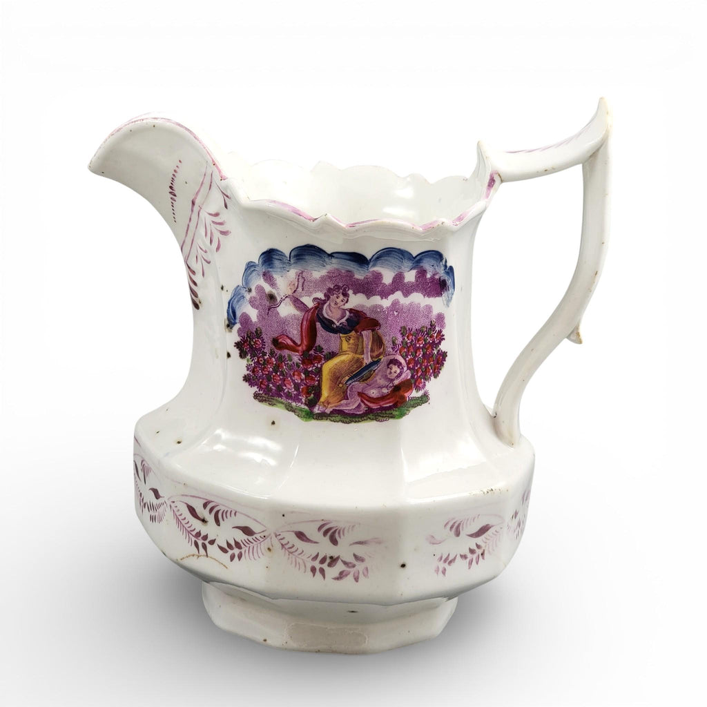 Antique Staffordshire pearlware lustre jug with purple transfer pastoral scene, c. 1825–1840