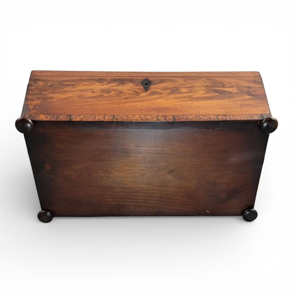 Antique English Regency mahogany tea caddy with cut glass bowl, c. 1820–1835