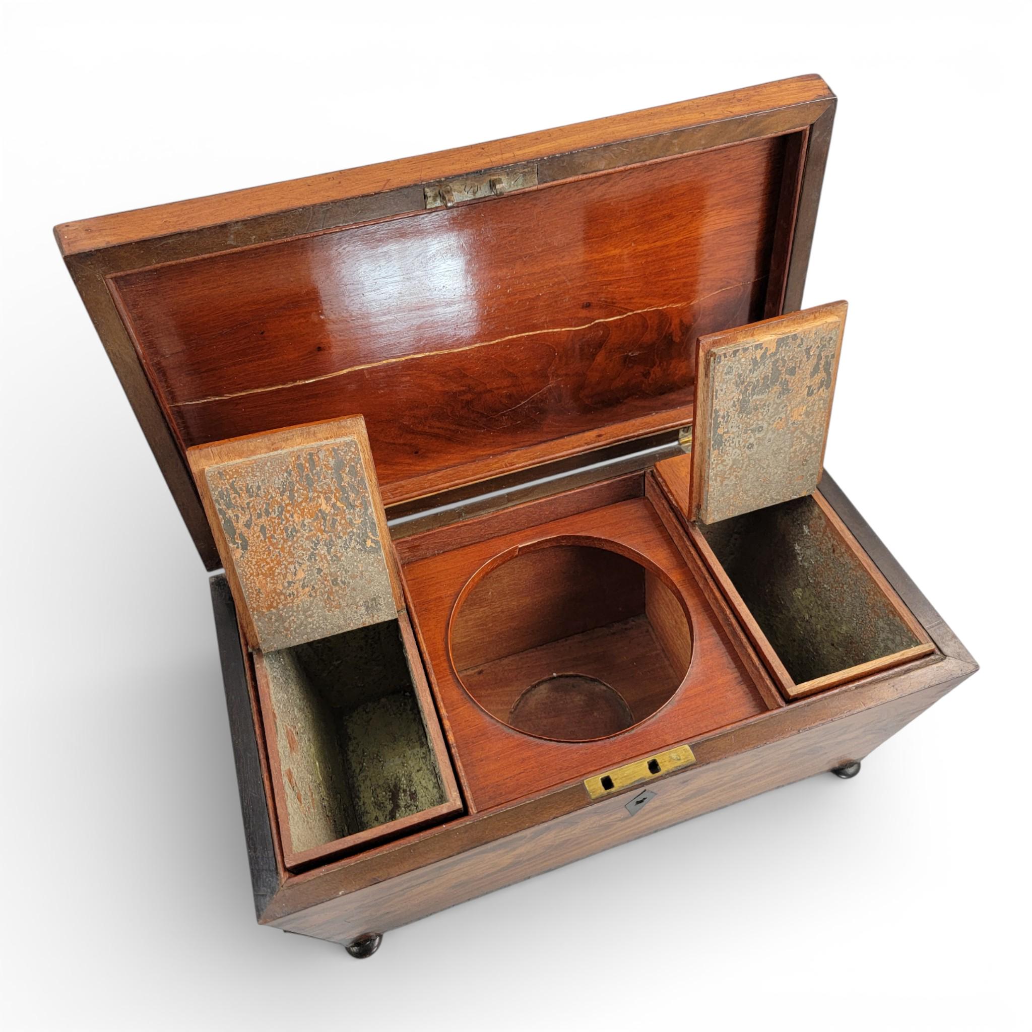 Antique English Regency mahogany tea caddy with cut glass bowl, c. 1820–1835