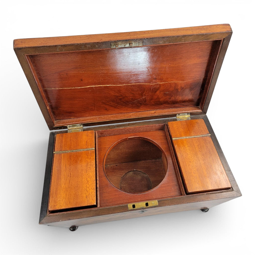 Antique English Regency mahogany tea caddy with cut glass bowl, c. 1820–1835