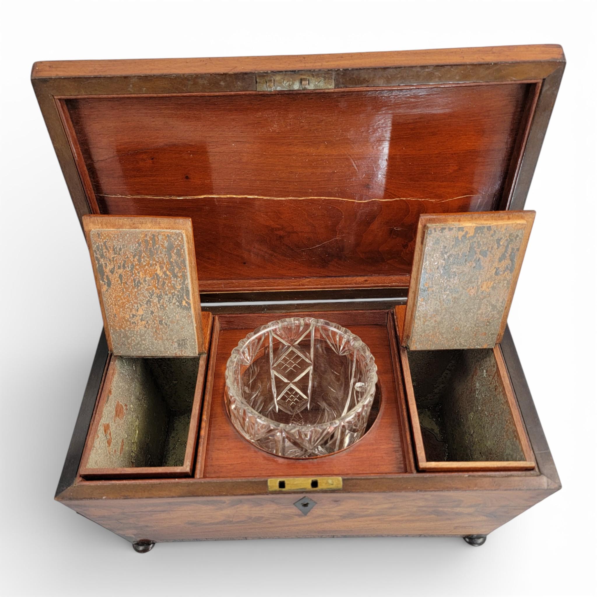 Antique English Regency mahogany tea caddy with cut glass bowl, c. 1820–1835