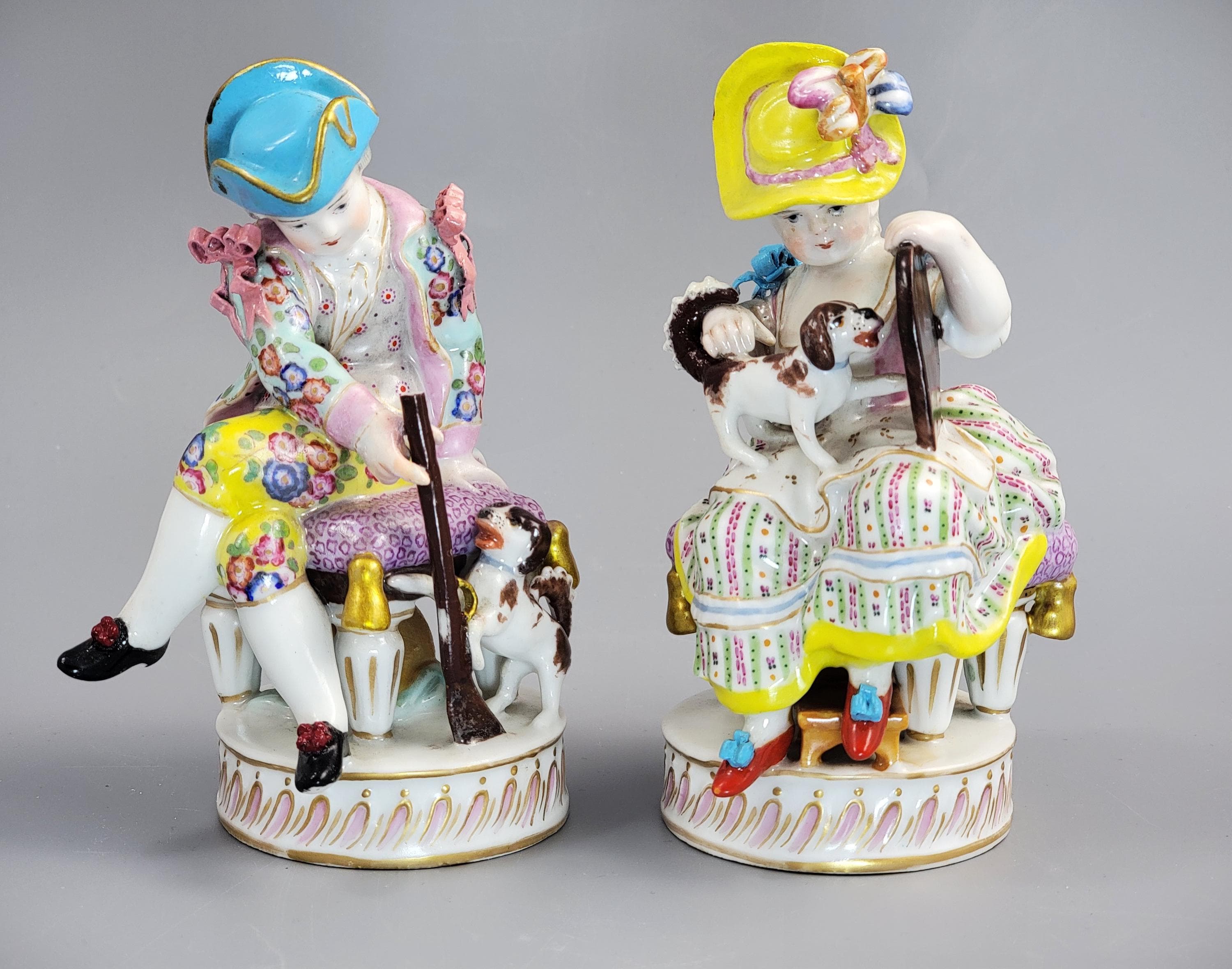 Meissen Pair of Porcelain Figures, Boy and Girl with Dogs, c. 1785