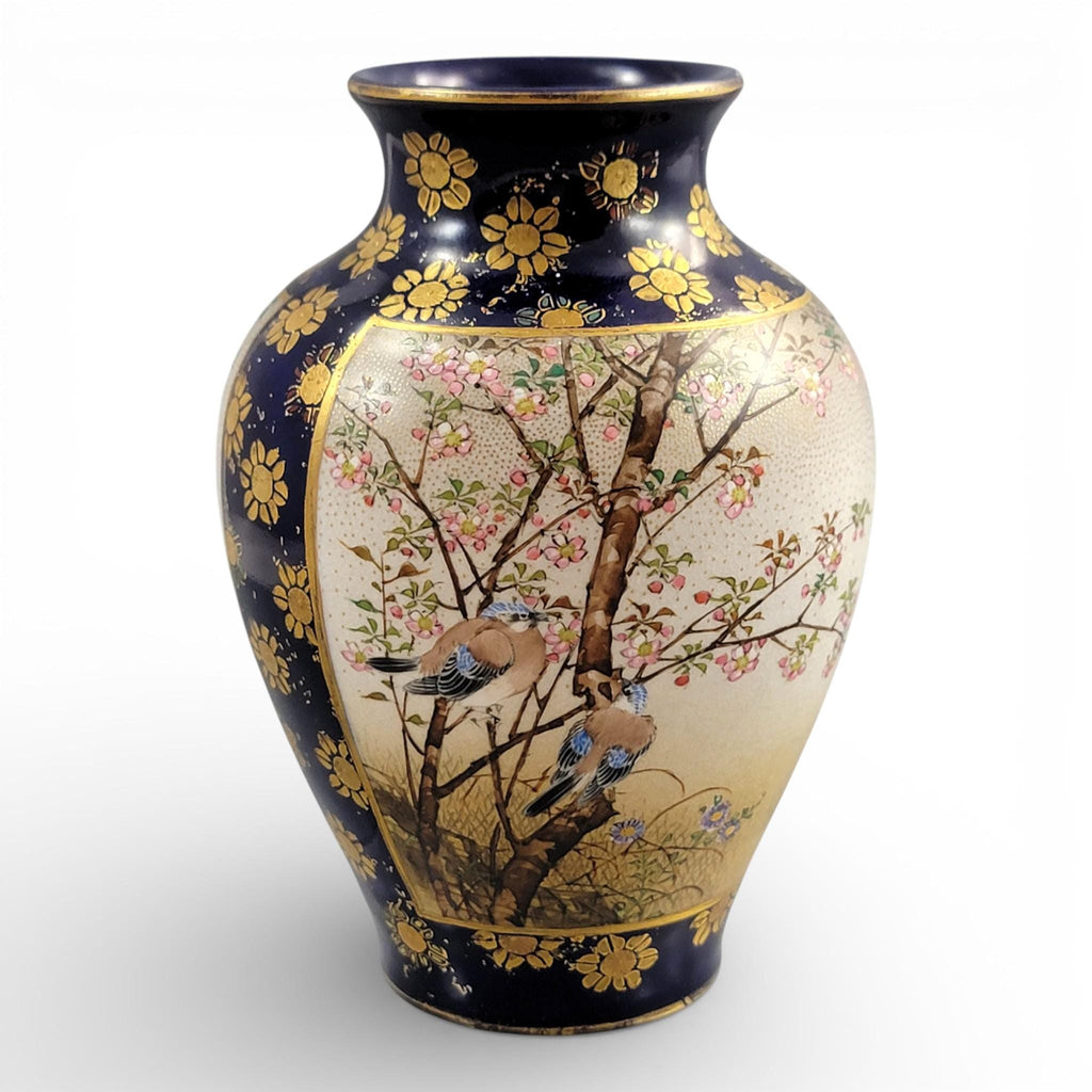 Antique Kinkozan Kyoto Satsuma Vase c.1895, Cobalt Blue & Gilt Birds, Moriage