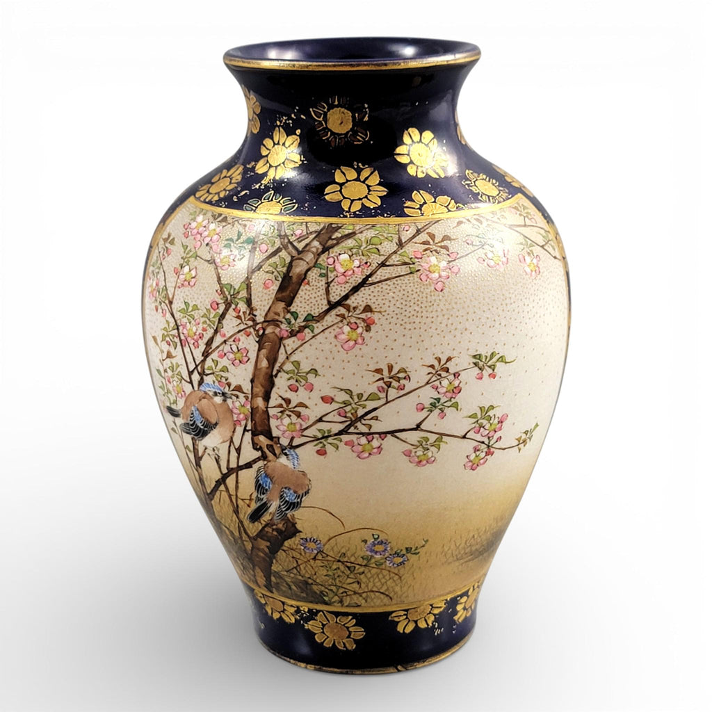 Antique Kinkozan Kyoto Satsuma Vase c.1895, Cobalt Blue & Gilt Birds, Moriage
