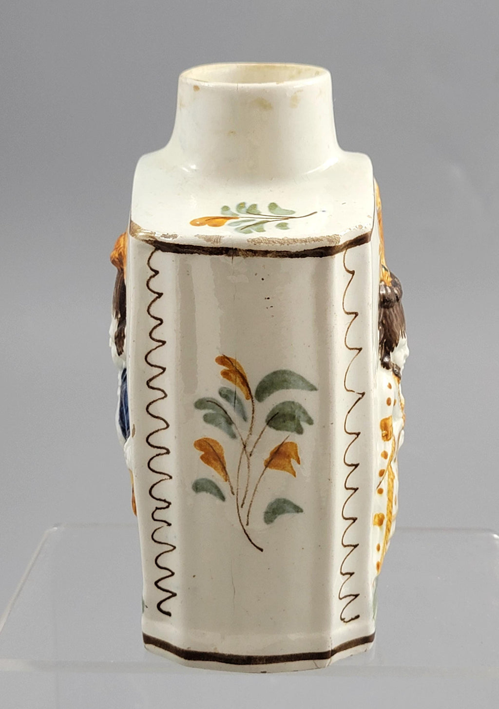 Prattware Pearlware “Macaroni” Tea Caddy, Staffordshire, c.1790–1800