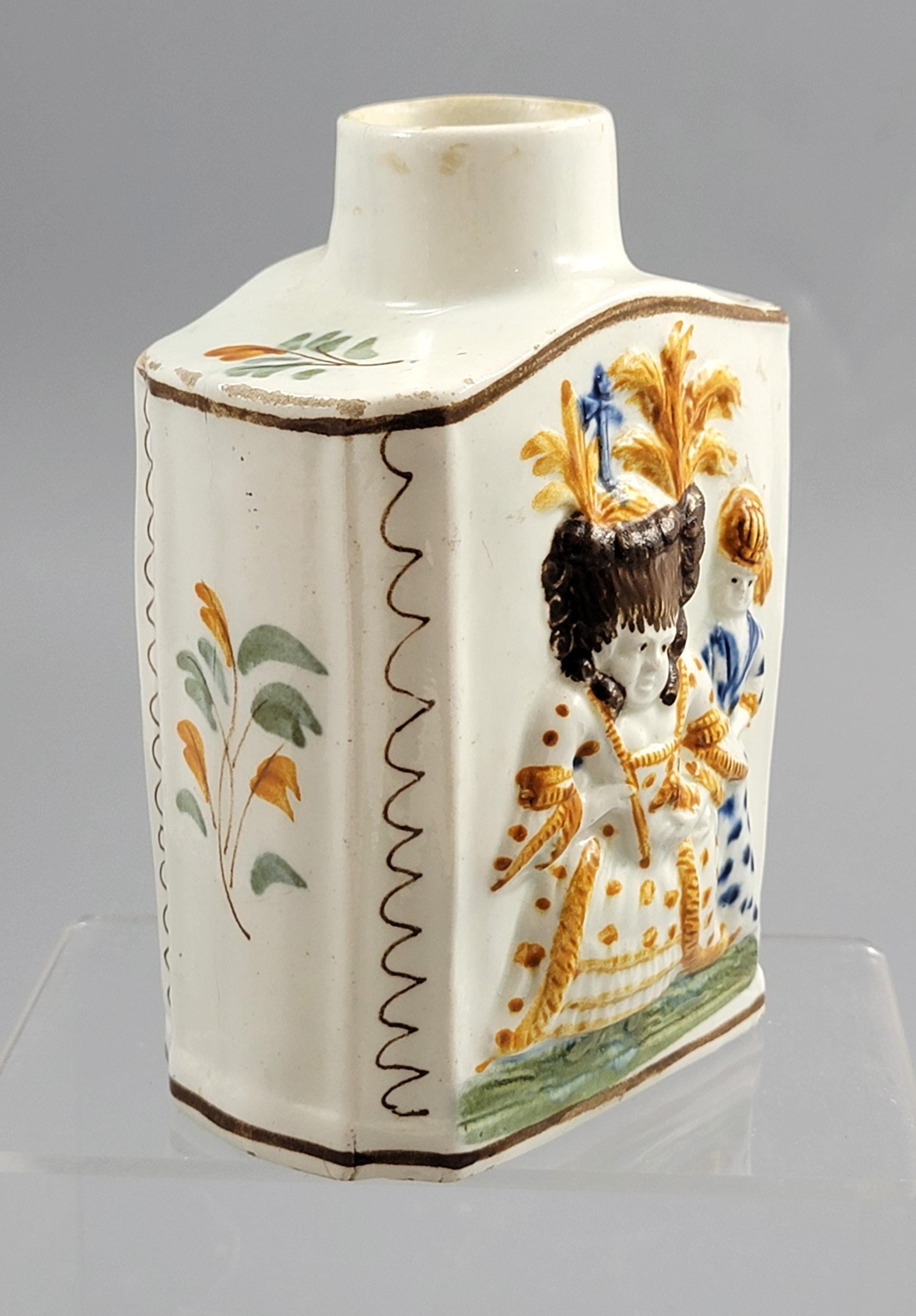 Prattware Pearlware “Macaroni” Tea Caddy, Staffordshire, c.1790–1800