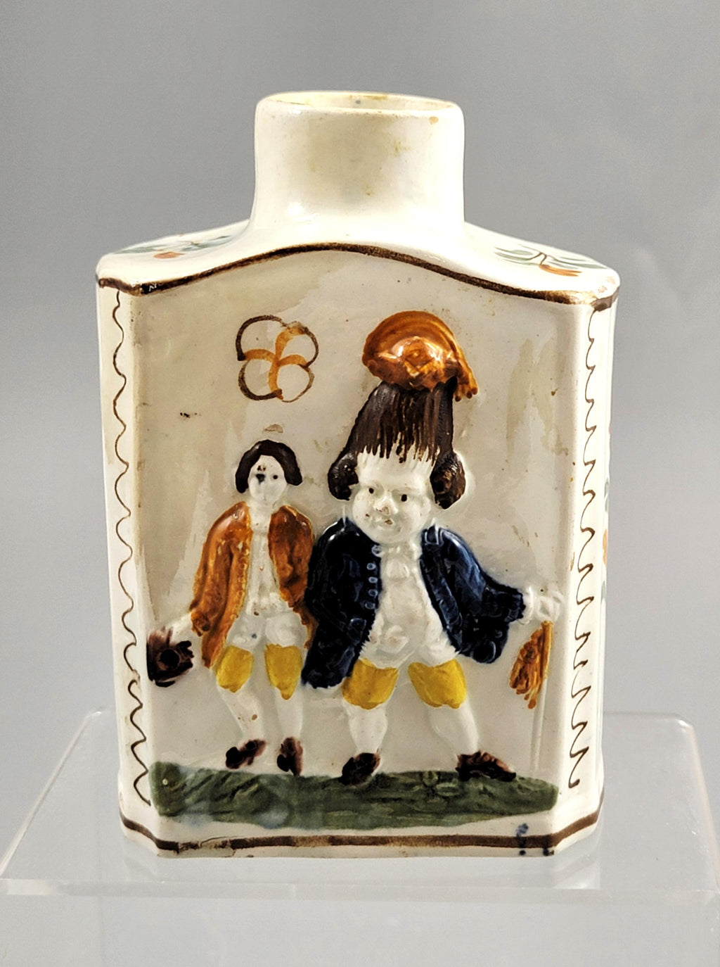 Prattware Pearlware “Macaroni” Tea Caddy, Staffordshire, c.1790–1800