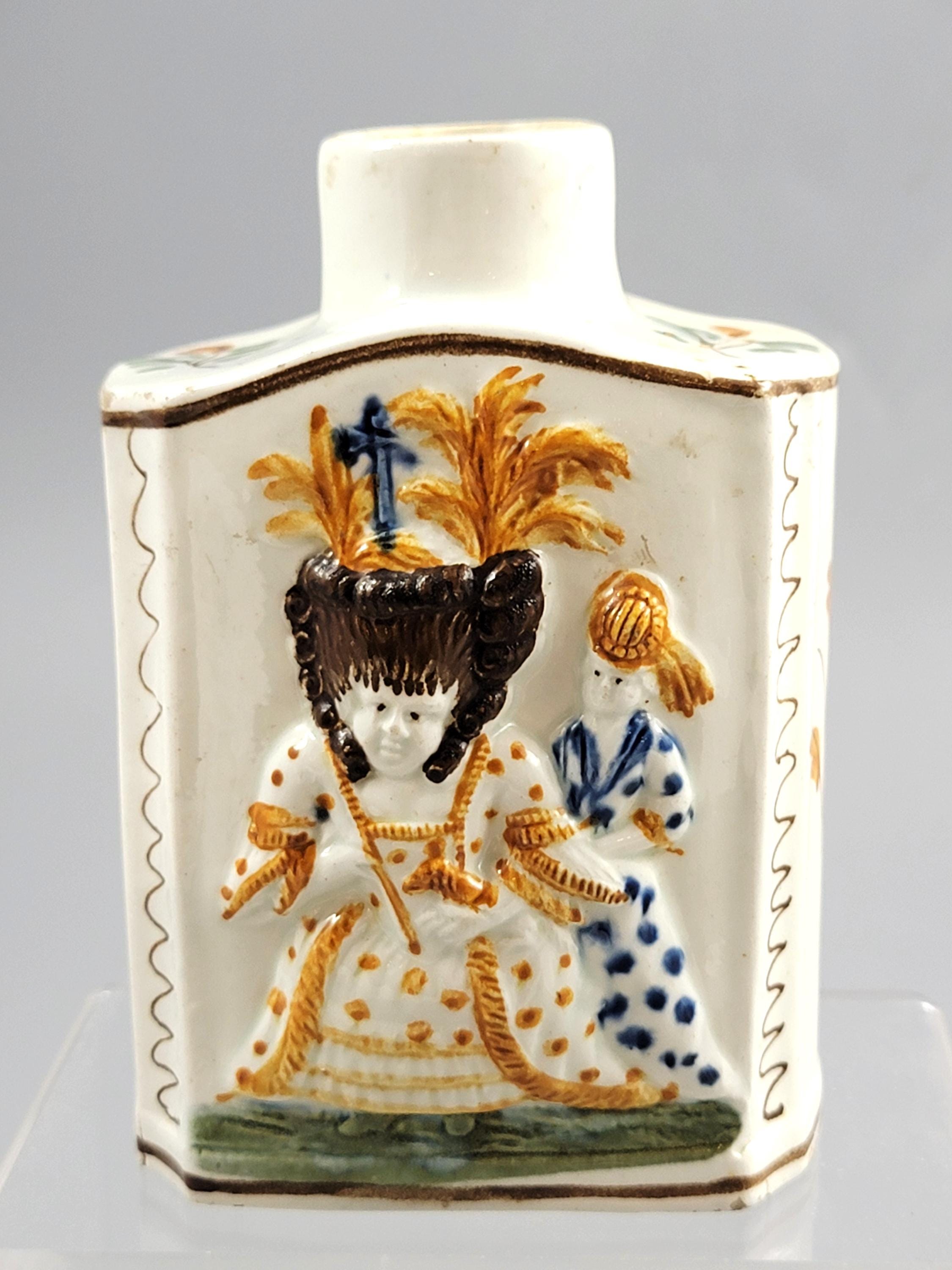 Prattware Pearlware “Macaroni” Tea Caddy, Staffordshire, c.1790–1800