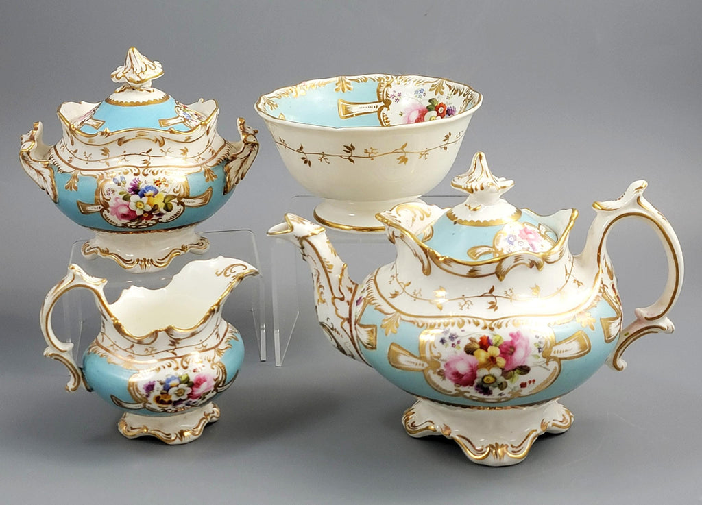 Rare Old Paris Tea Service, Petit Style, Turquoise & Floral, c. 1840