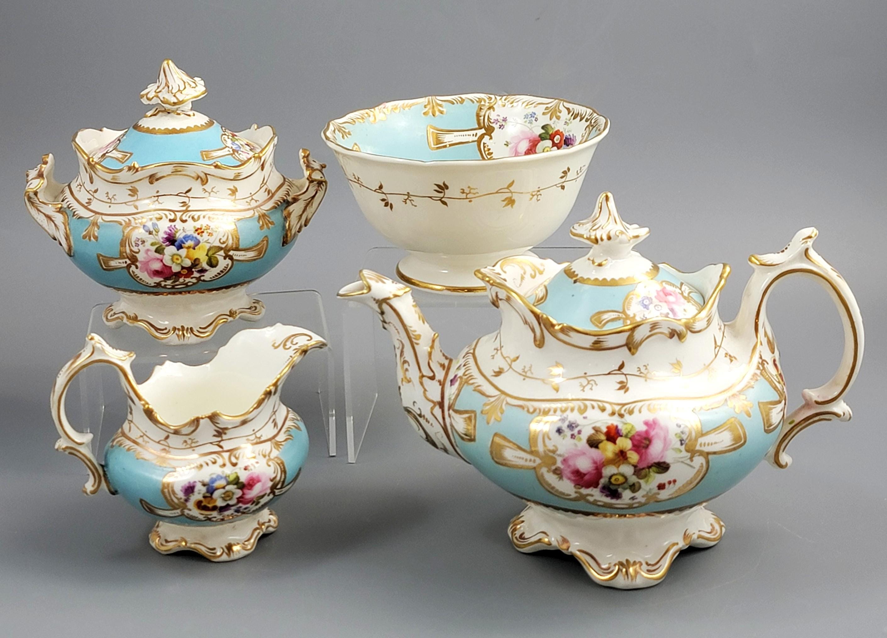 Rare Old Paris Tea Service, Petit Style, Turquoise & Floral, c. 1840