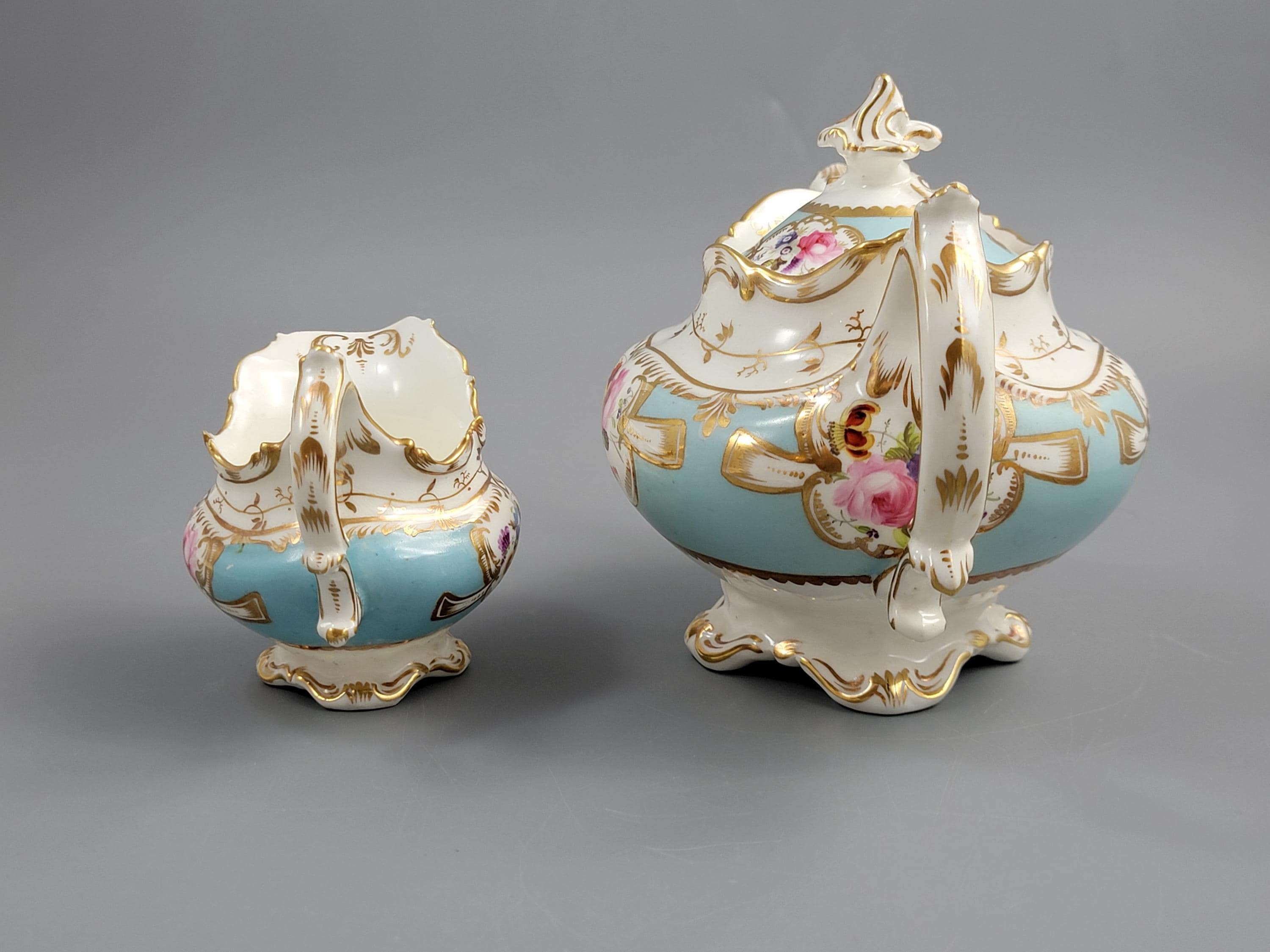 Rare Old Paris Tea Service, Petit Style, Turquoise & Floral, c. 1840