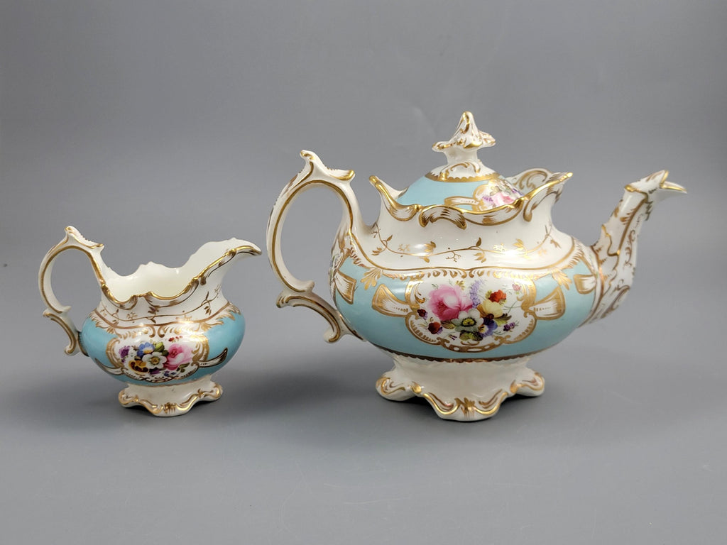 Rare Old Paris Tea Service, Petit Style, Turquoise & Floral, c. 1840