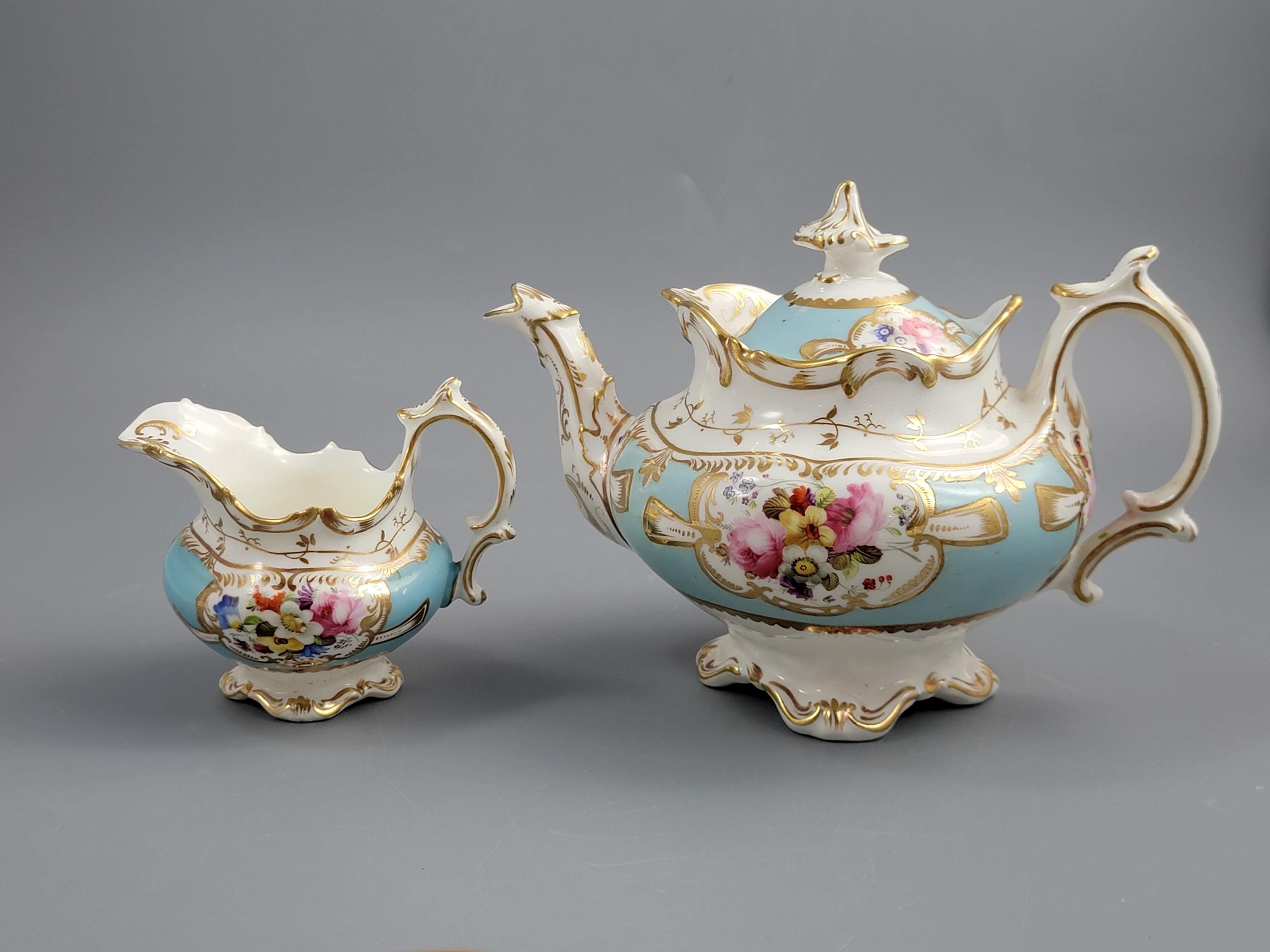 Rare Old Paris Tea Service, Petit Style, Turquoise & Floral, c. 1840