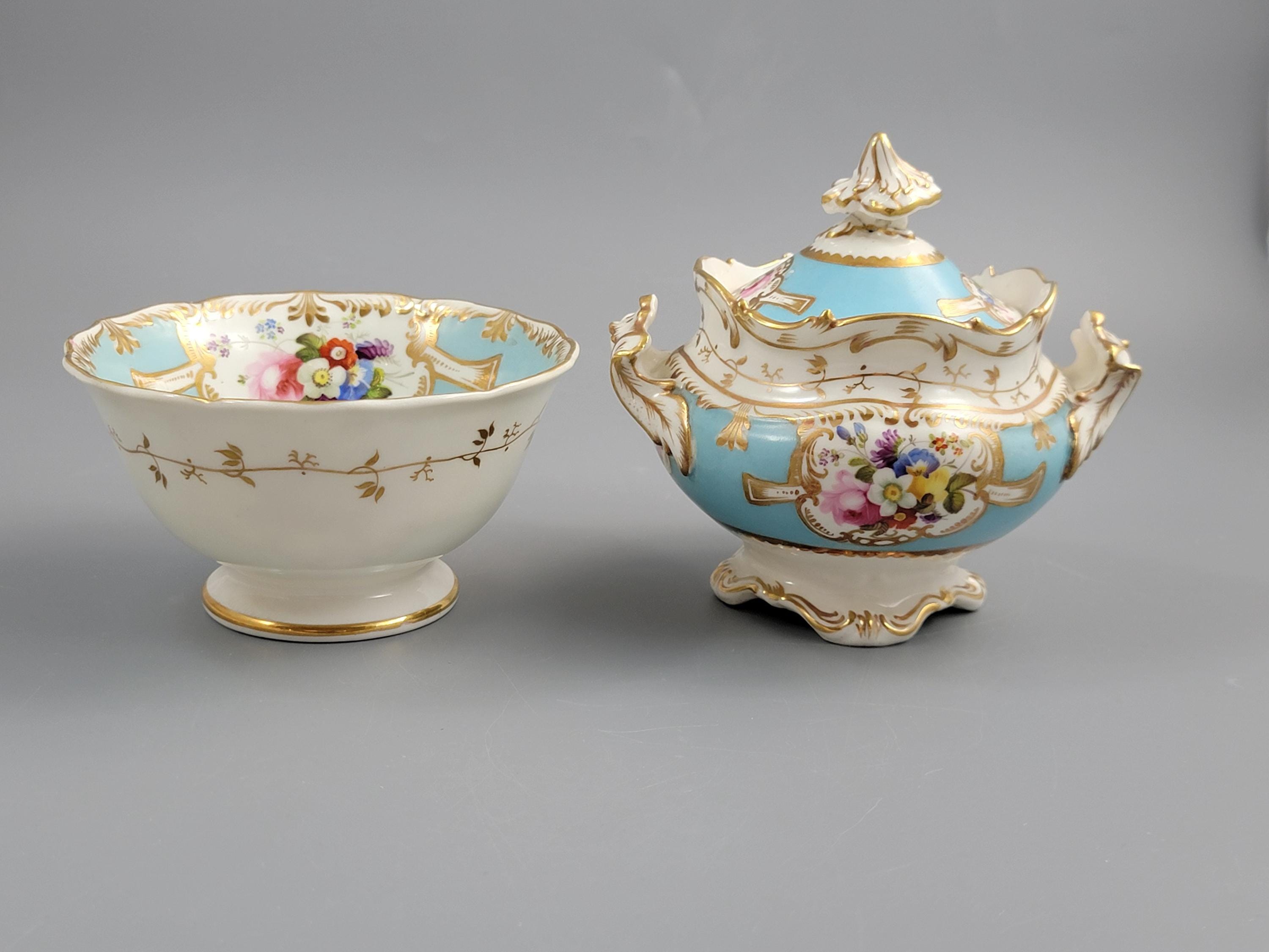 Rare Old Paris Tea Service, Petit Style, Turquoise & Floral, c. 1840