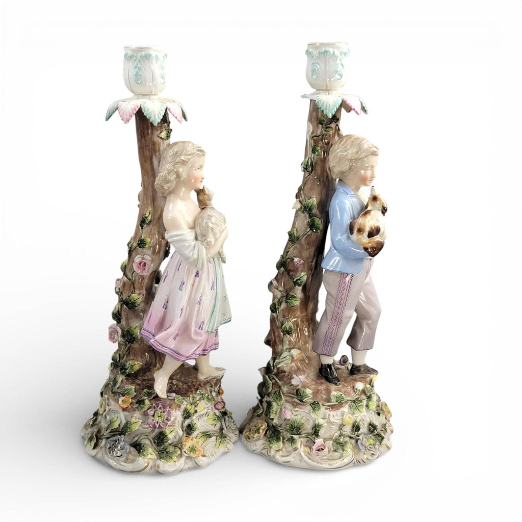 Antique Sitzendorf porcelain figural candlesticks with boy and girl, Germany c.1890