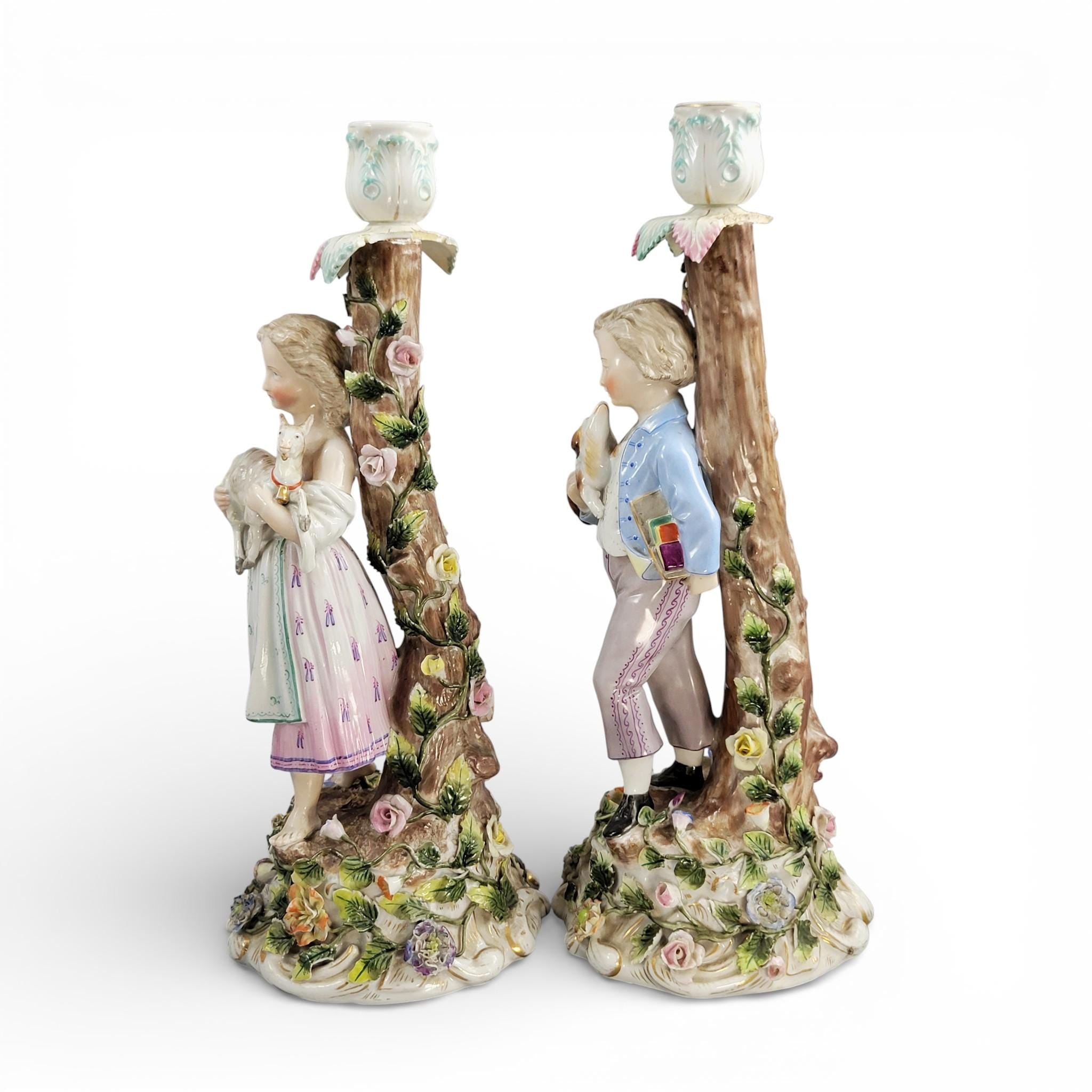 Antique Sitzendorf porcelain figural candlesticks with boy and girl, Germany c.1890