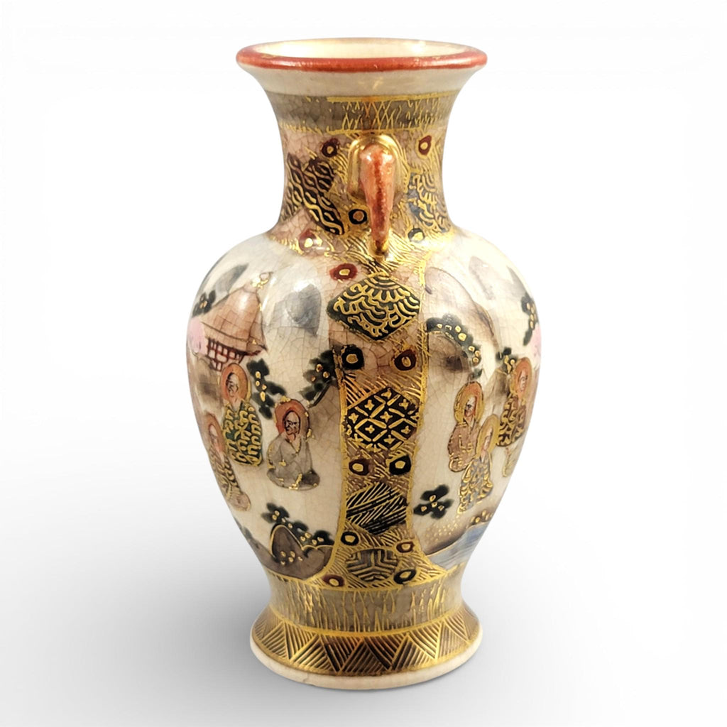 Antique Meiji Satsuma Miniature Vase, Gilt Figural Scene, Shimazu Mon, c.1890