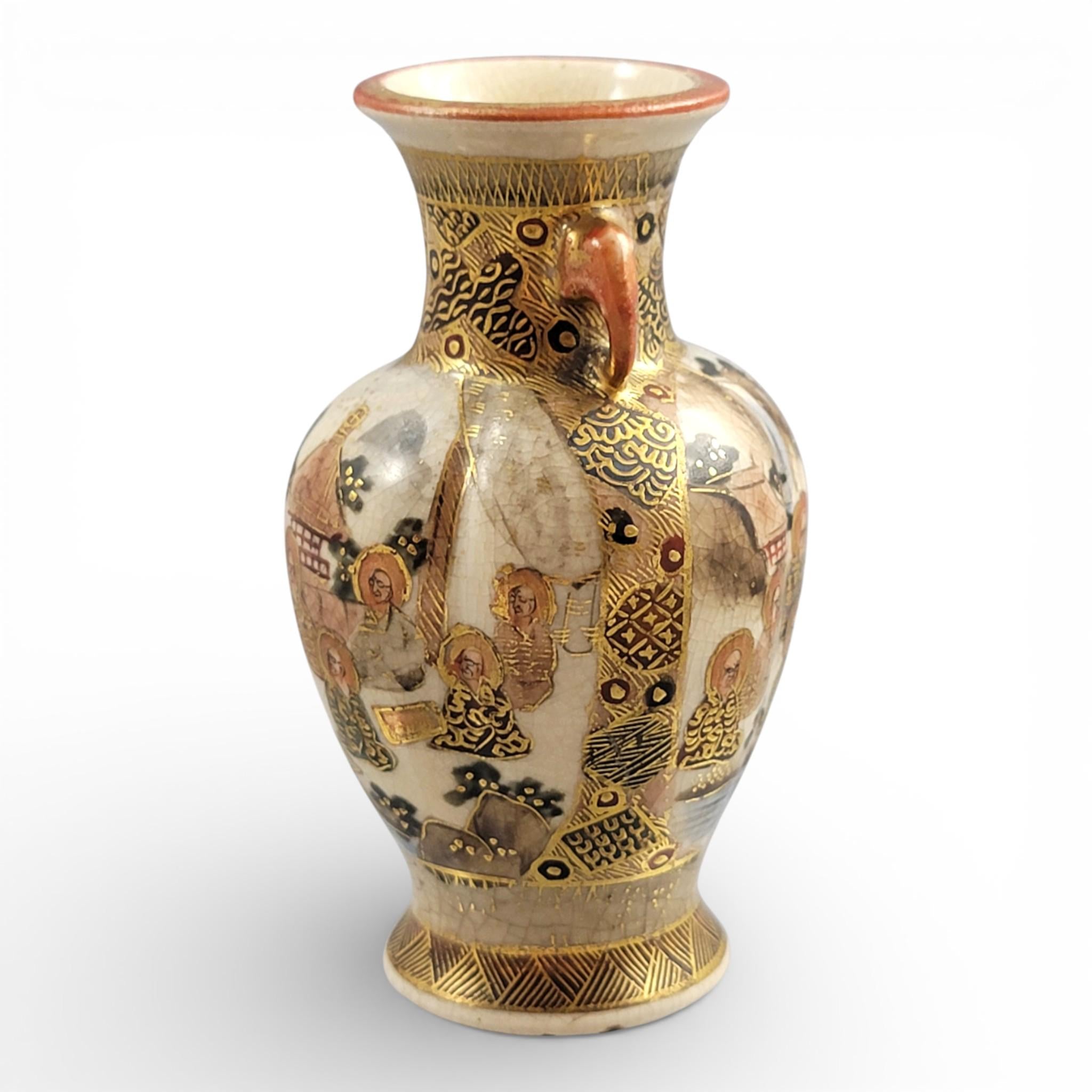 Antique Meiji Satsuma Miniature Vase, Gilt Figural Scene, Shimazu Mon, c.1890