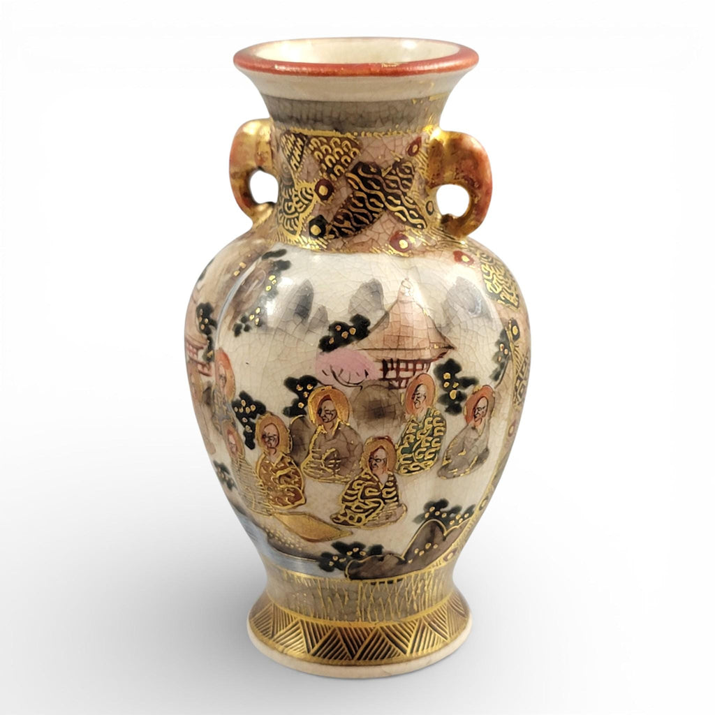 Antique Meiji Satsuma Miniature Vase, Gilt Figural Scene, Shimazu Mon, c.1890
