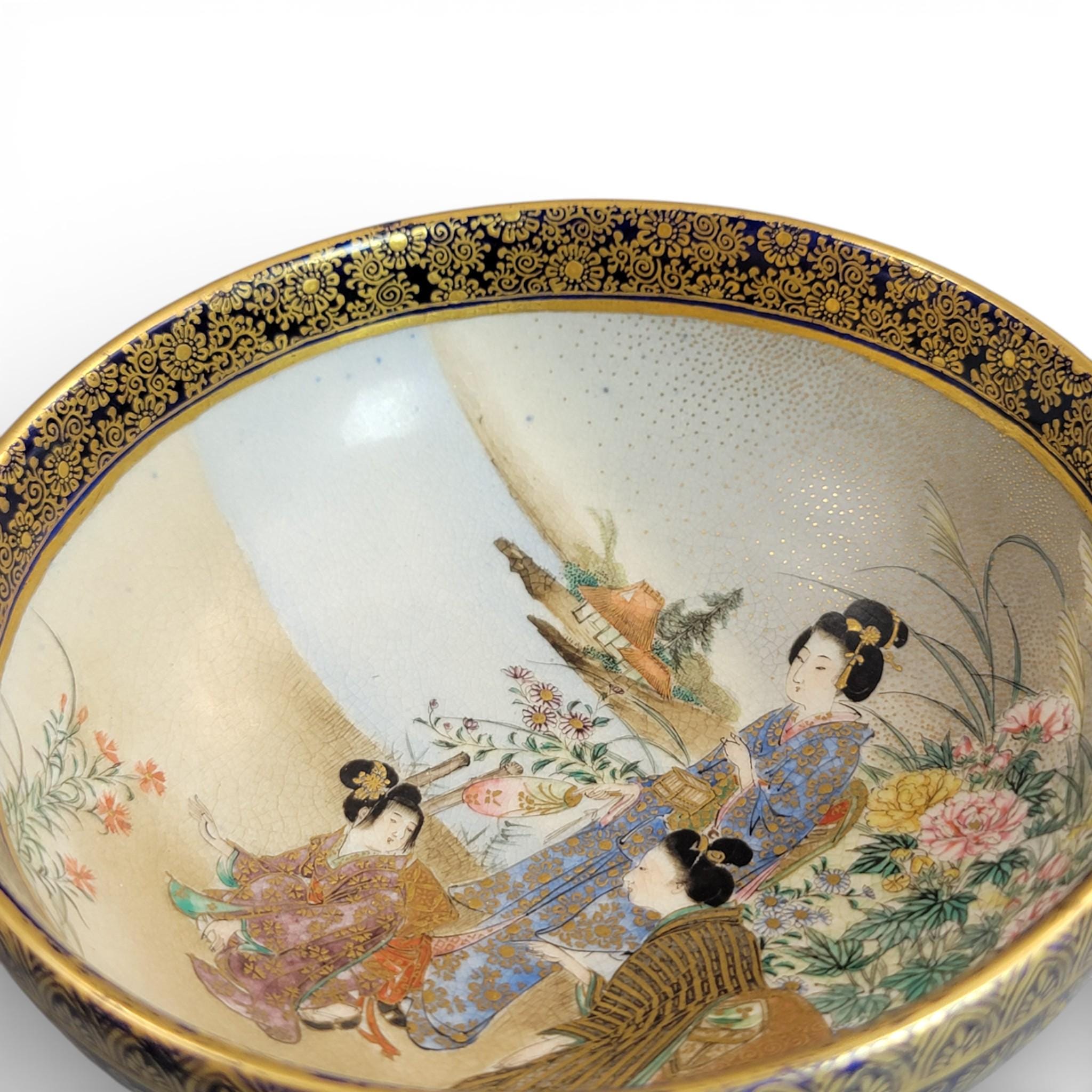 Antique Kinkozan Kyoto Satsuma bowl c.1880, cobalt blue & gold, signed