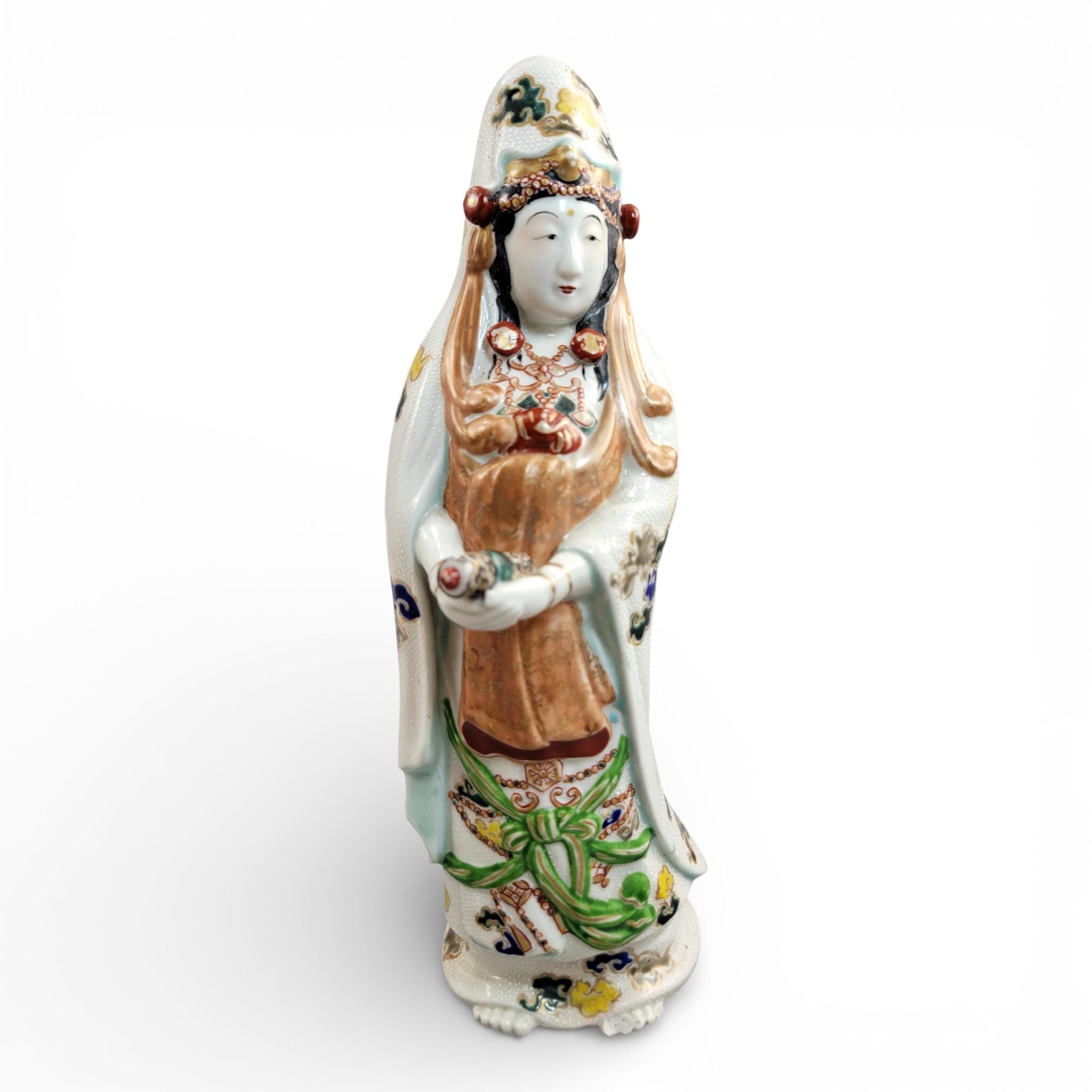 Antique Japanese Kutani porcelain Kannon Buddhist triad with attendant bodhisattvas, Meiji period c. 1880–1900