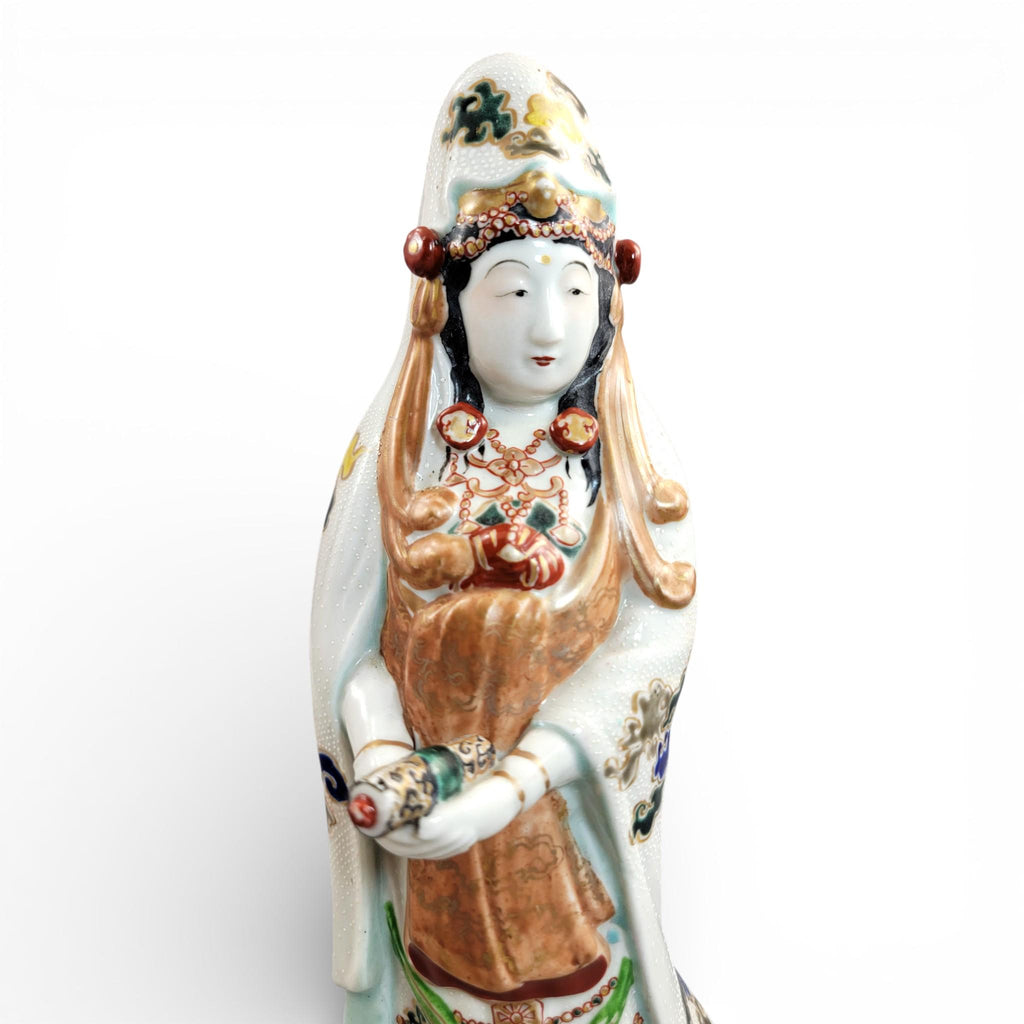 Antique Japanese Kutani porcelain Kannon Buddhist triad with attendant bodhisattvas, Meiji period c. 1880–1900