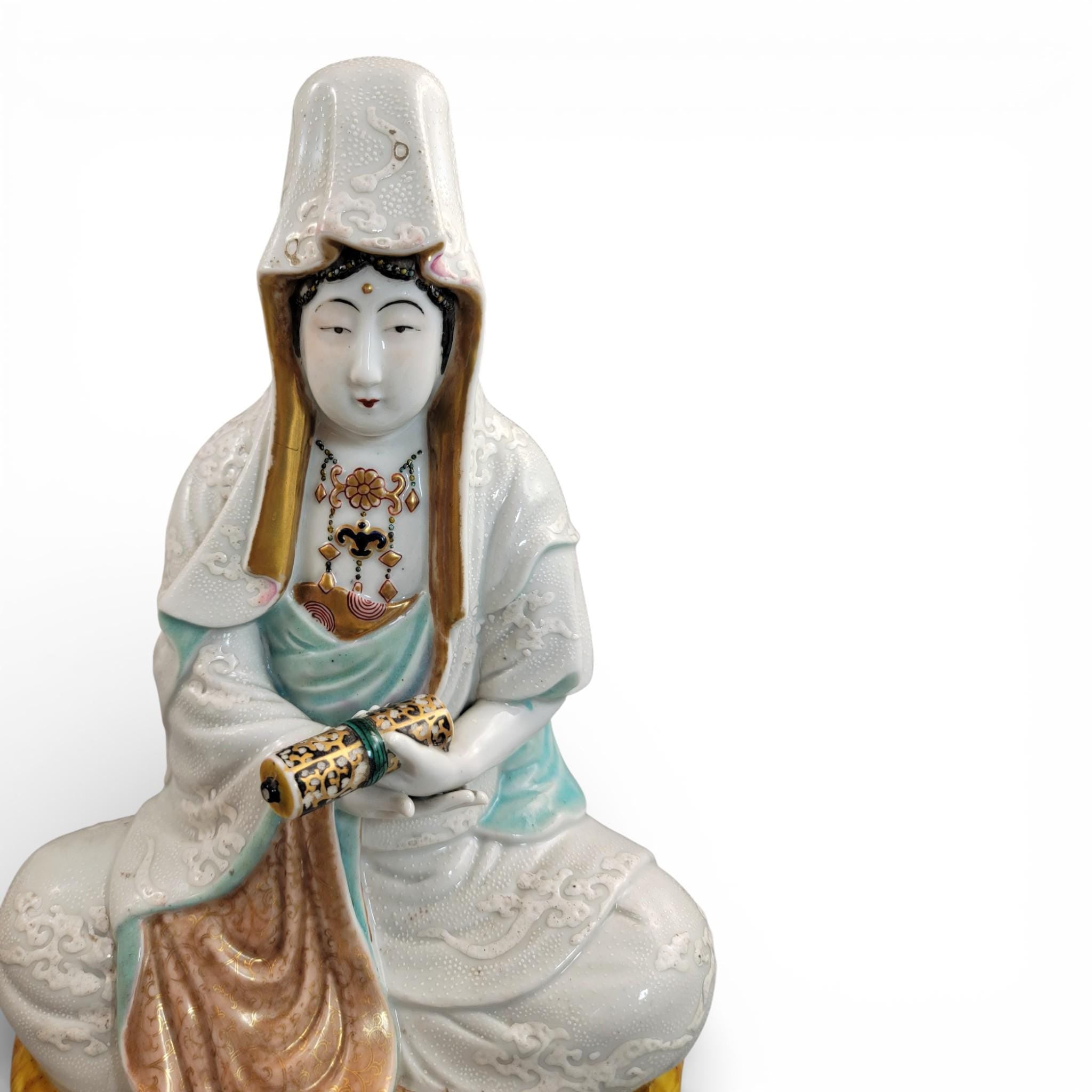 Antique Japanese Kutani porcelain Kannon Buddhist triad with attendant bodhisattvas, Meiji period c. 1880–1900