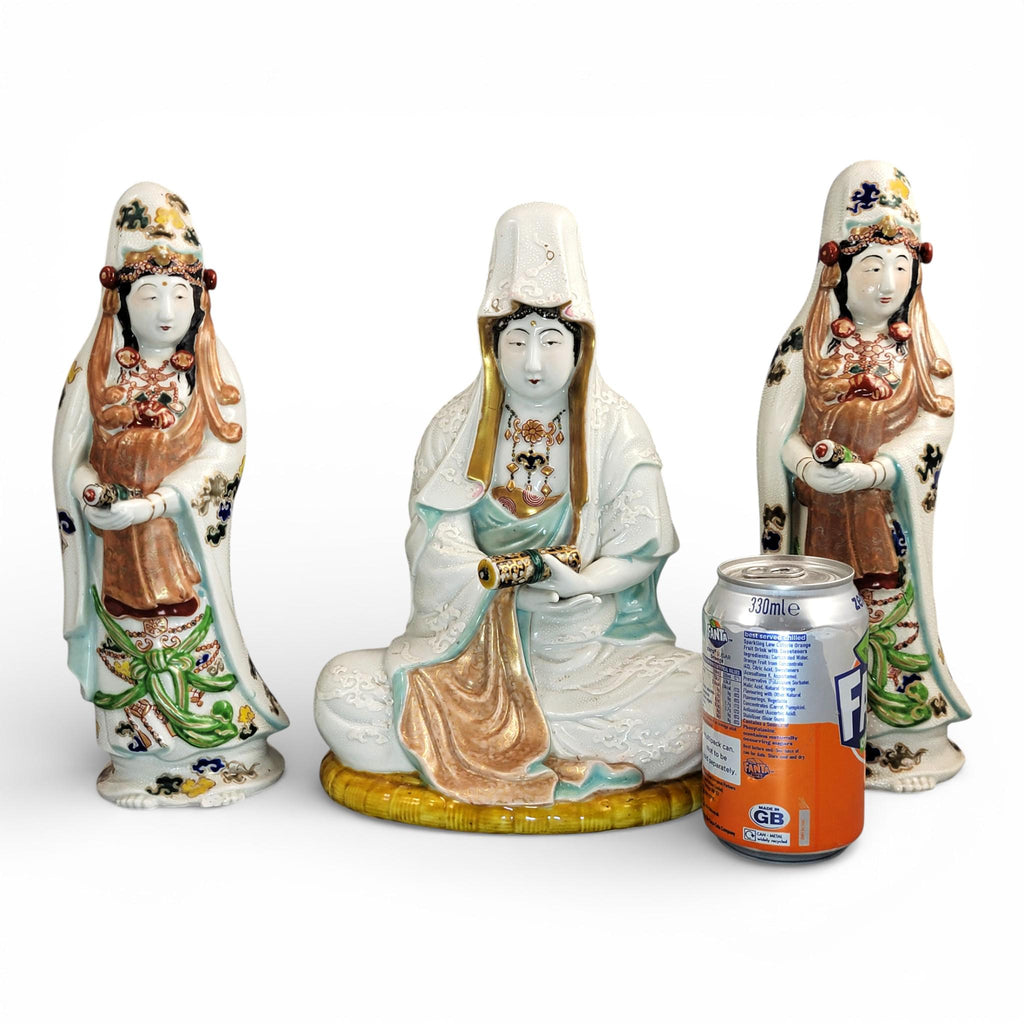 Antique Japanese Kutani porcelain Kannon Buddhist triad with attendant bodhisattvas, Meiji period c. 1880–1900