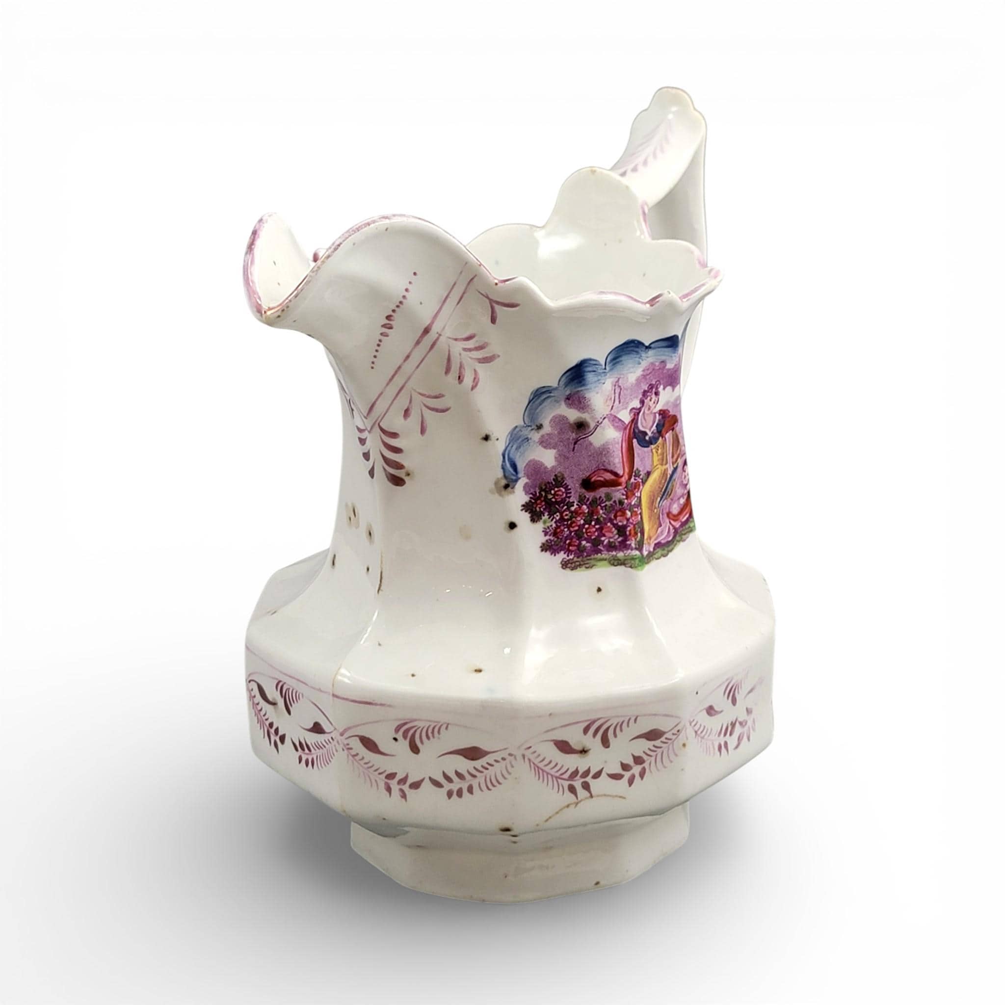 Antique Staffordshire pearlware lustre jug with purple transfer pastoral scene, c. 1825–1840