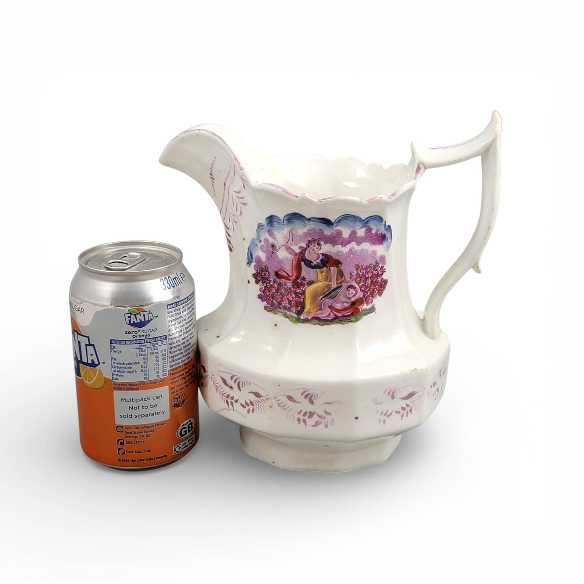 Antique Staffordshire pearlware lustre jug with purple transfer pastoral scene, c. 1825–1840