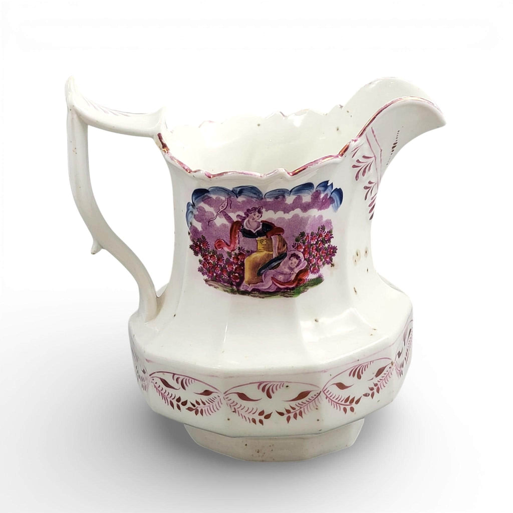 Antique Staffordshire pearlware lustre jug with purple transfer pastoral scene, c. 1825–1840