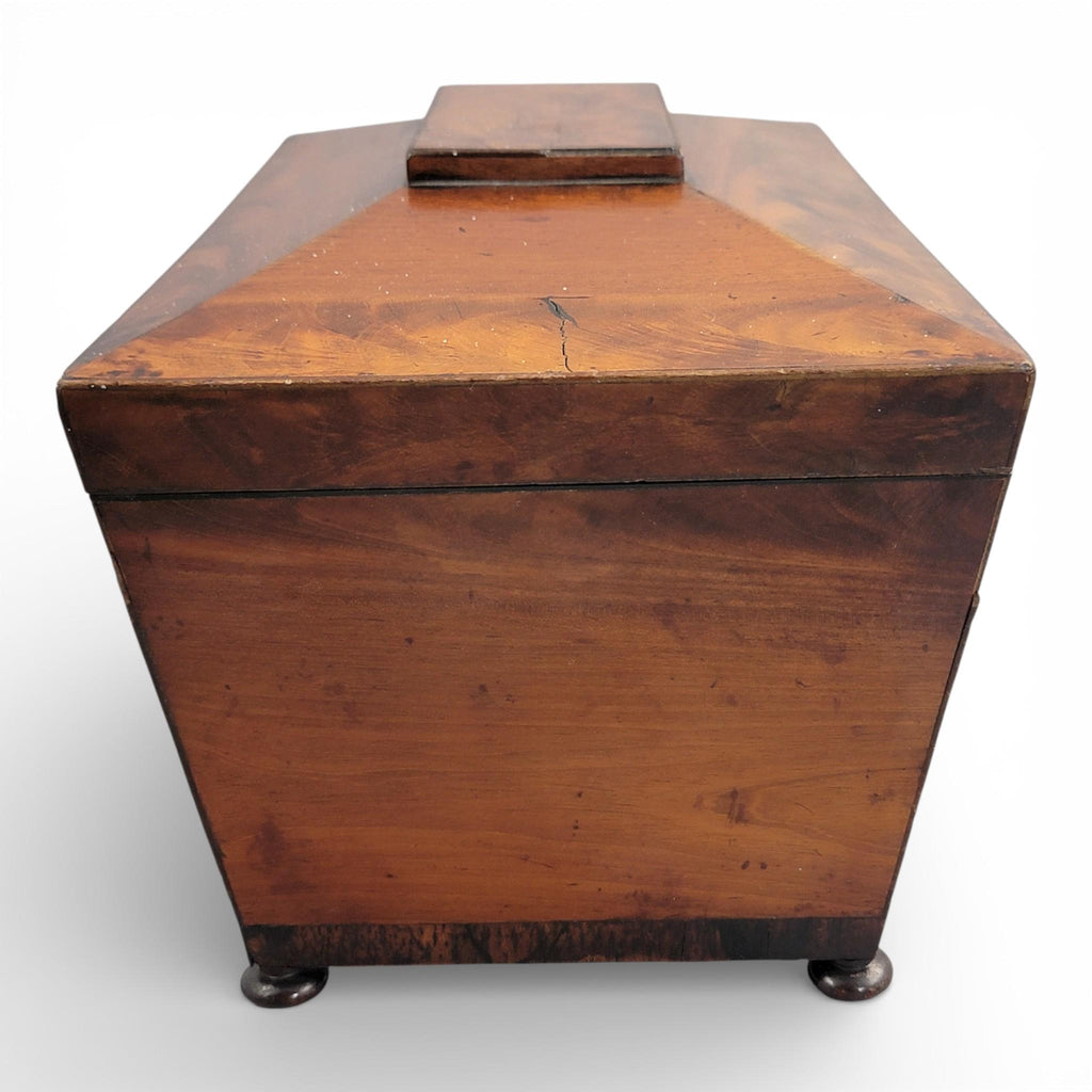 Antique English Regency mahogany tea caddy with cut glass bowl, c. 1820–1835