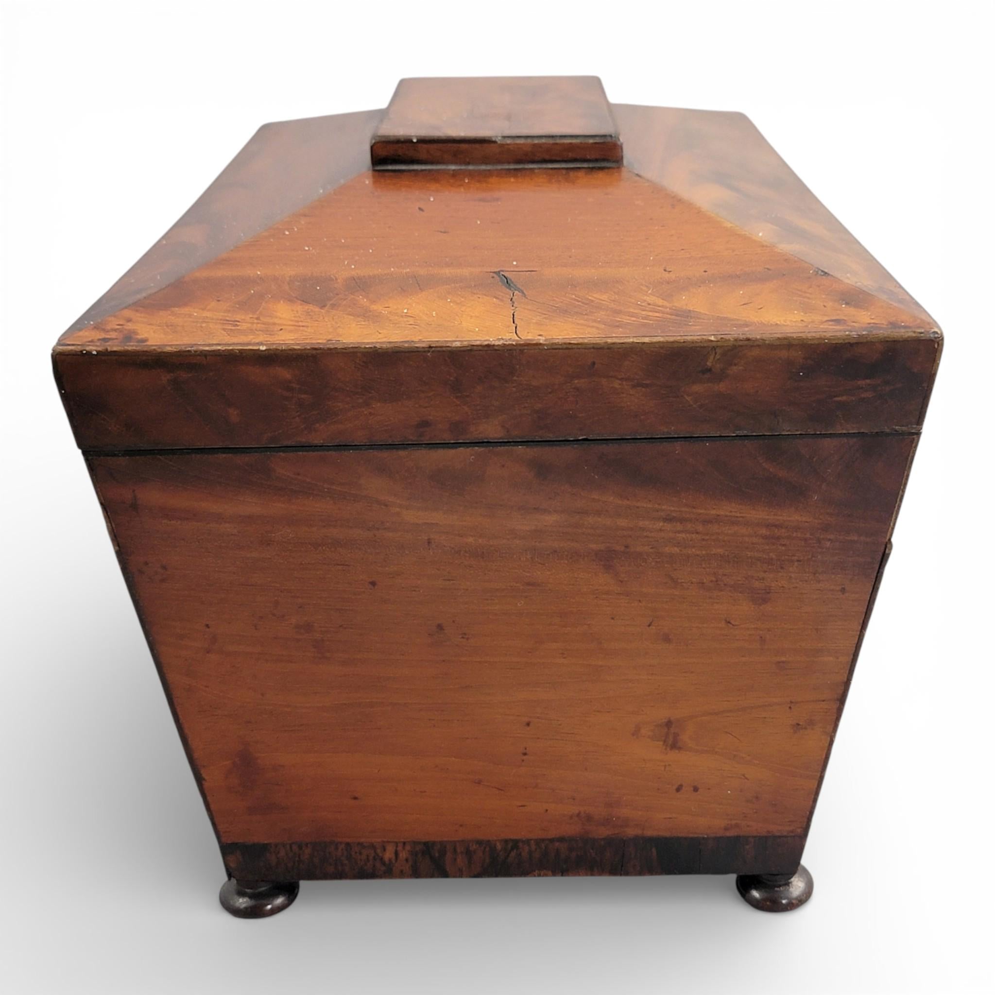Antique English Regency mahogany tea caddy with cut glass bowl, c. 1820–1835