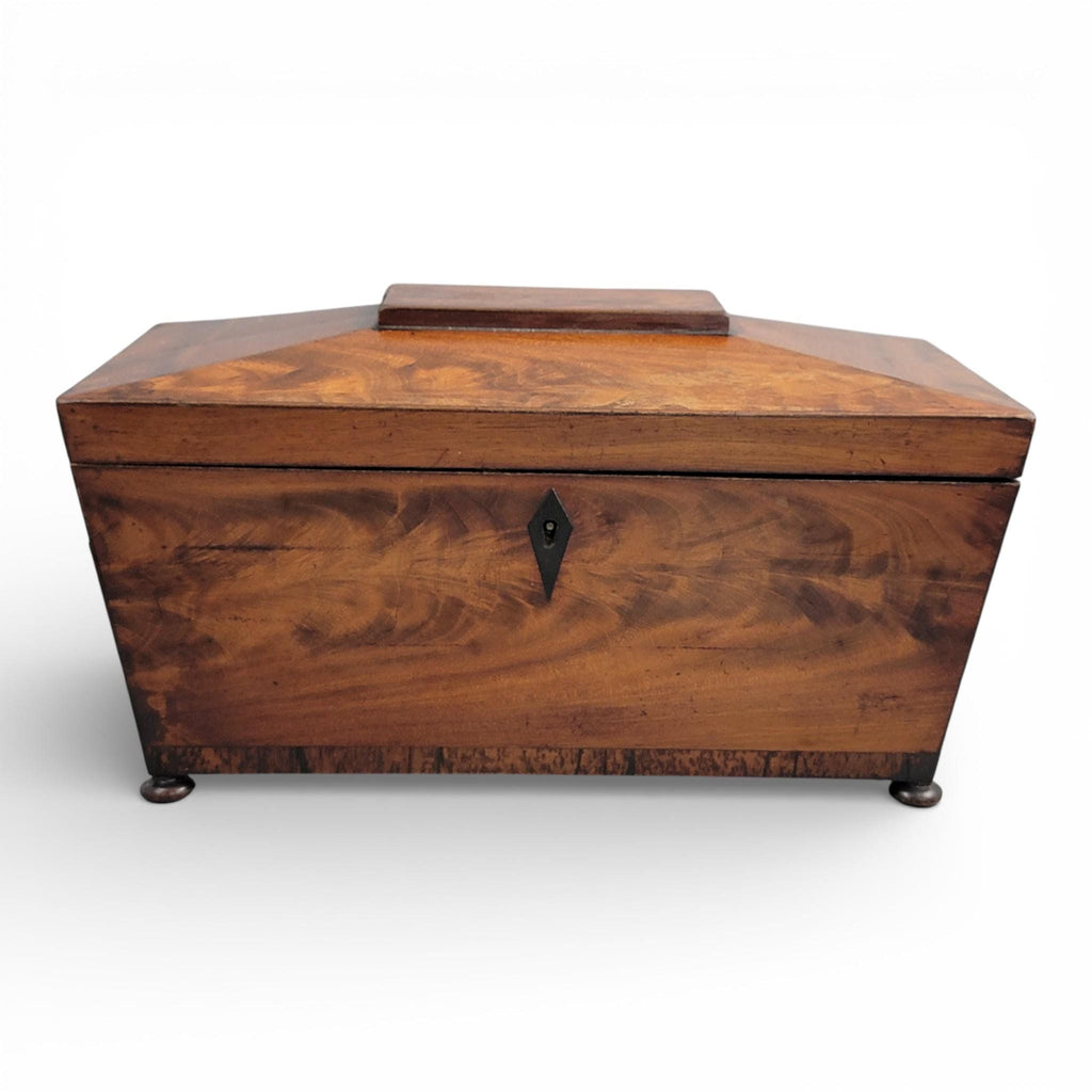 Antique English Regency mahogany tea caddy with cut glass bowl, c. 1820–1835