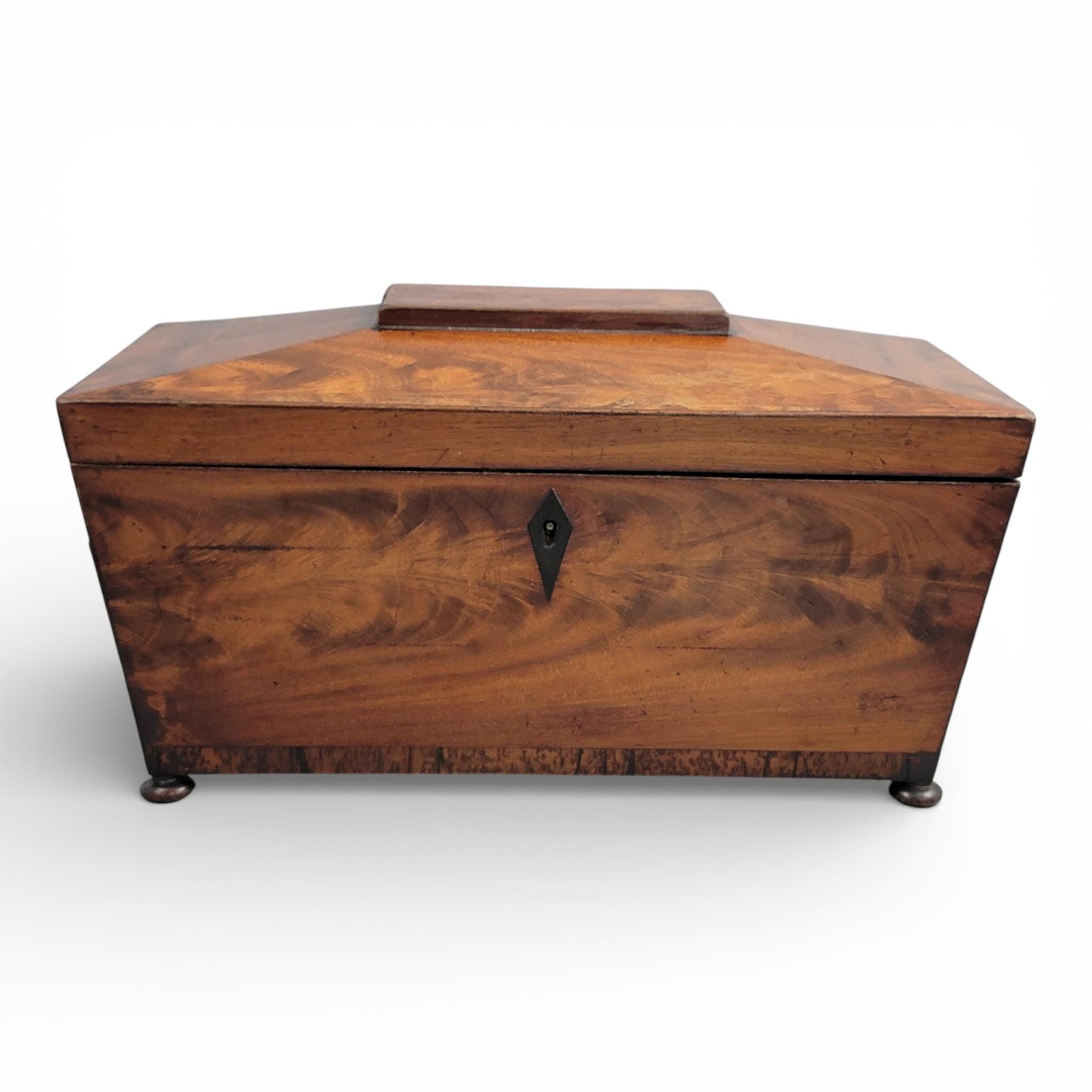 Antique English Regency mahogany tea caddy with cut glass bowl, c. 1820–1835