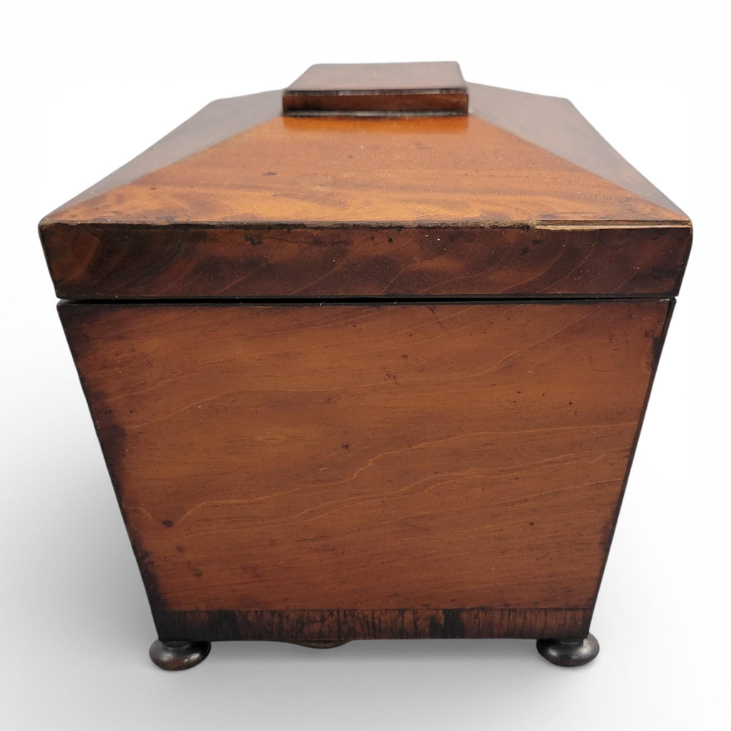 Antique English Regency mahogany tea caddy with cut glass bowl, c. 1820–1835