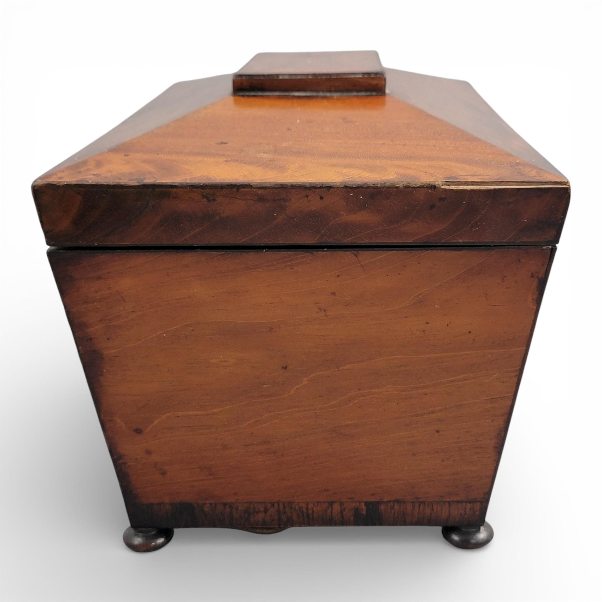Antique English Regency mahogany tea caddy with cut glass bowl, c. 1820–1835