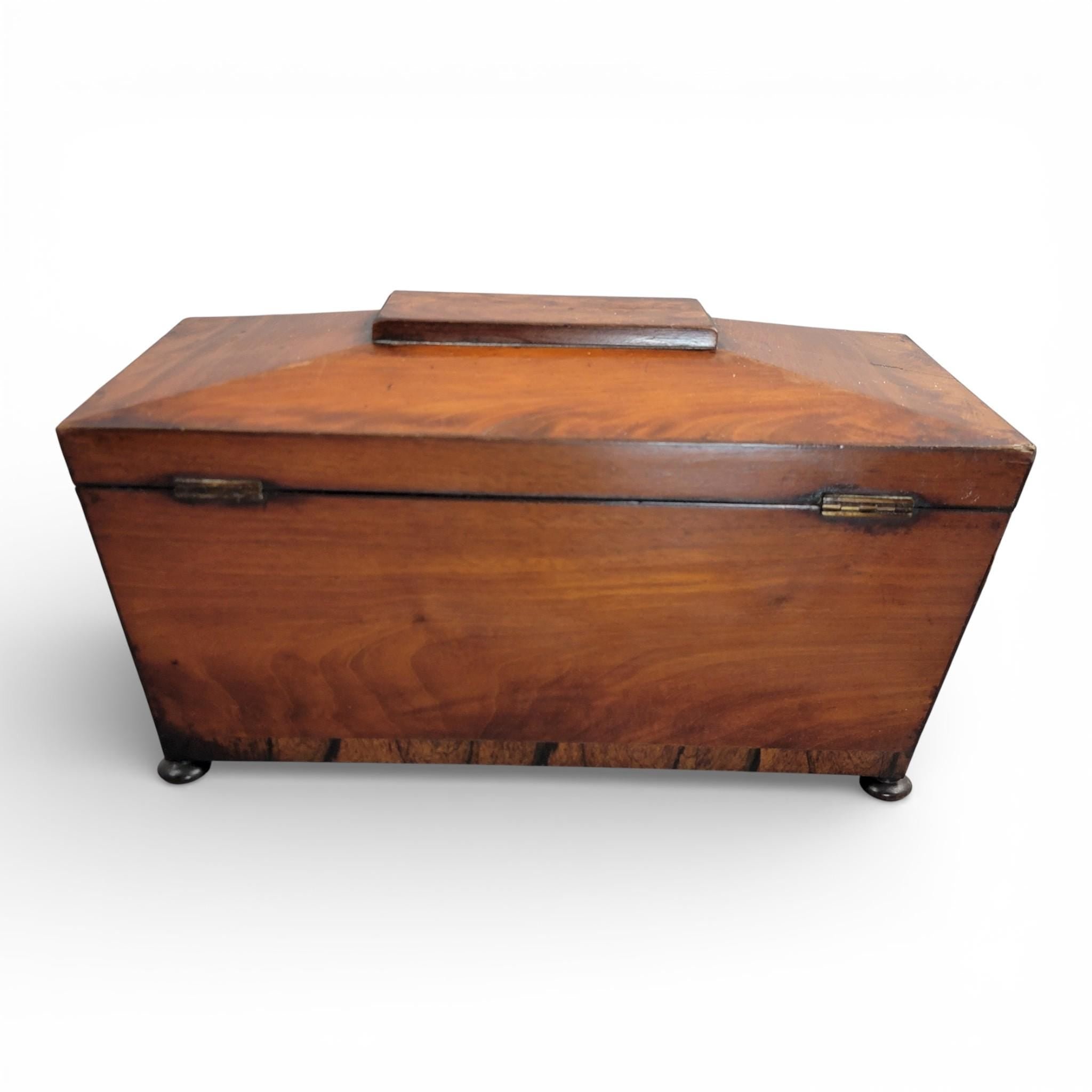 Antique English Regency mahogany tea caddy with cut glass bowl, c. 1820–1835