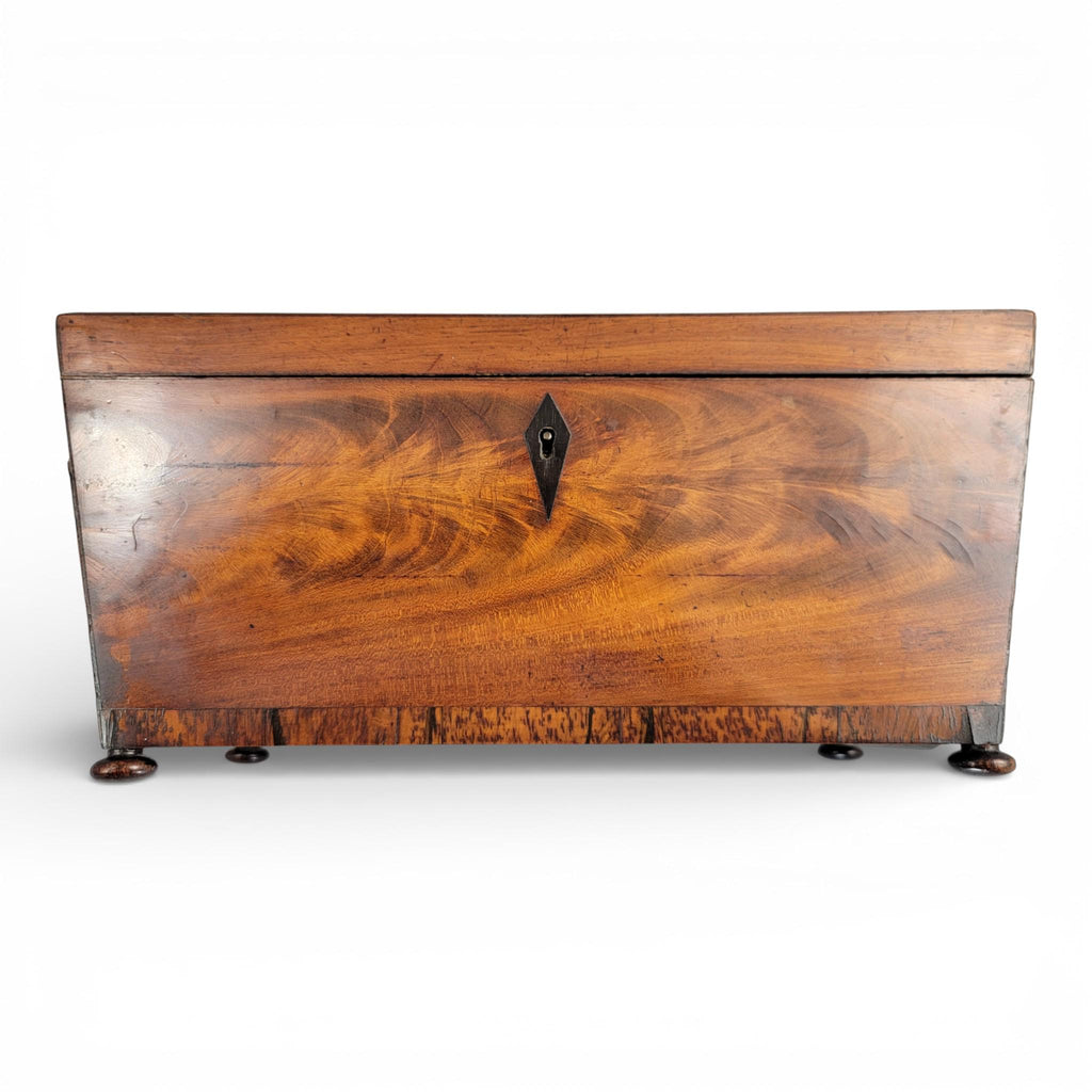 Antique English Regency mahogany tea caddy with cut glass bowl, c. 1820–1835