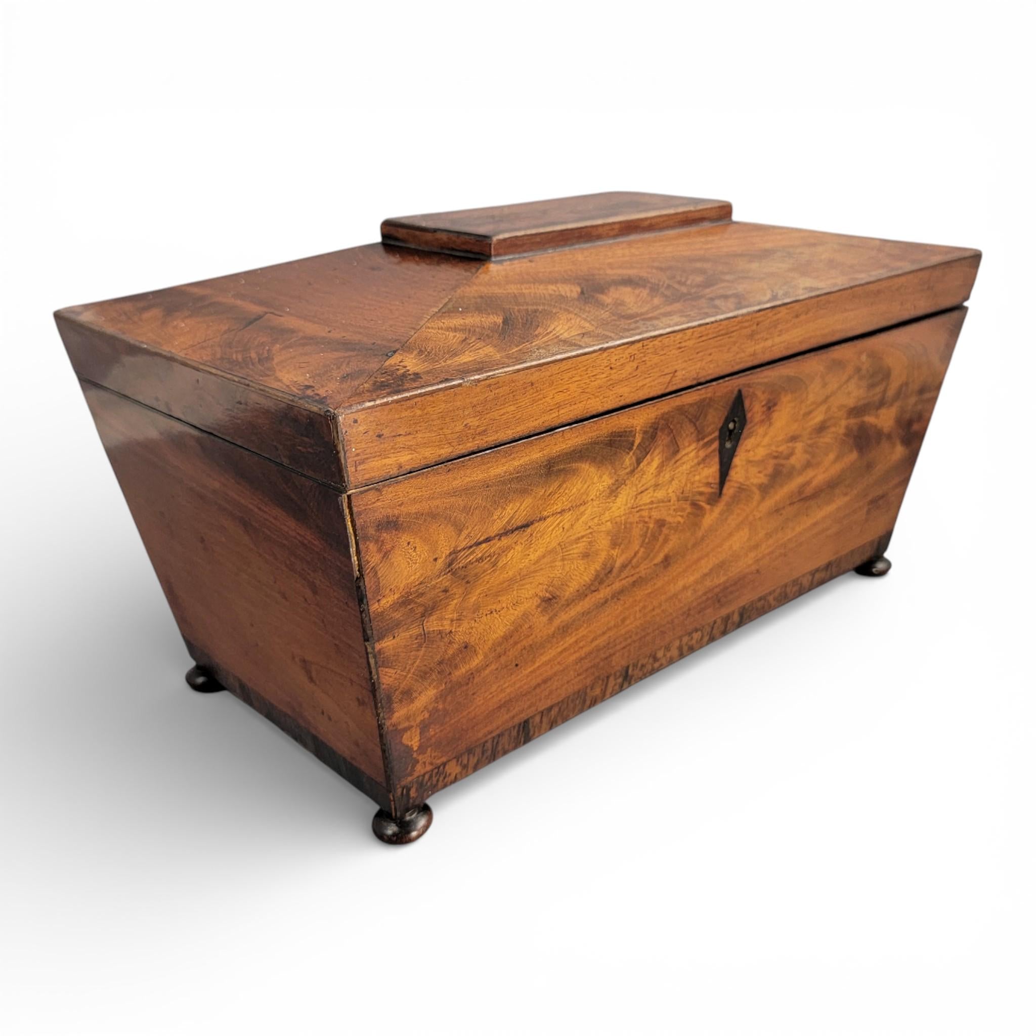 Antique English Regency mahogany tea caddy with cut glass bowl, c. 1820–1835