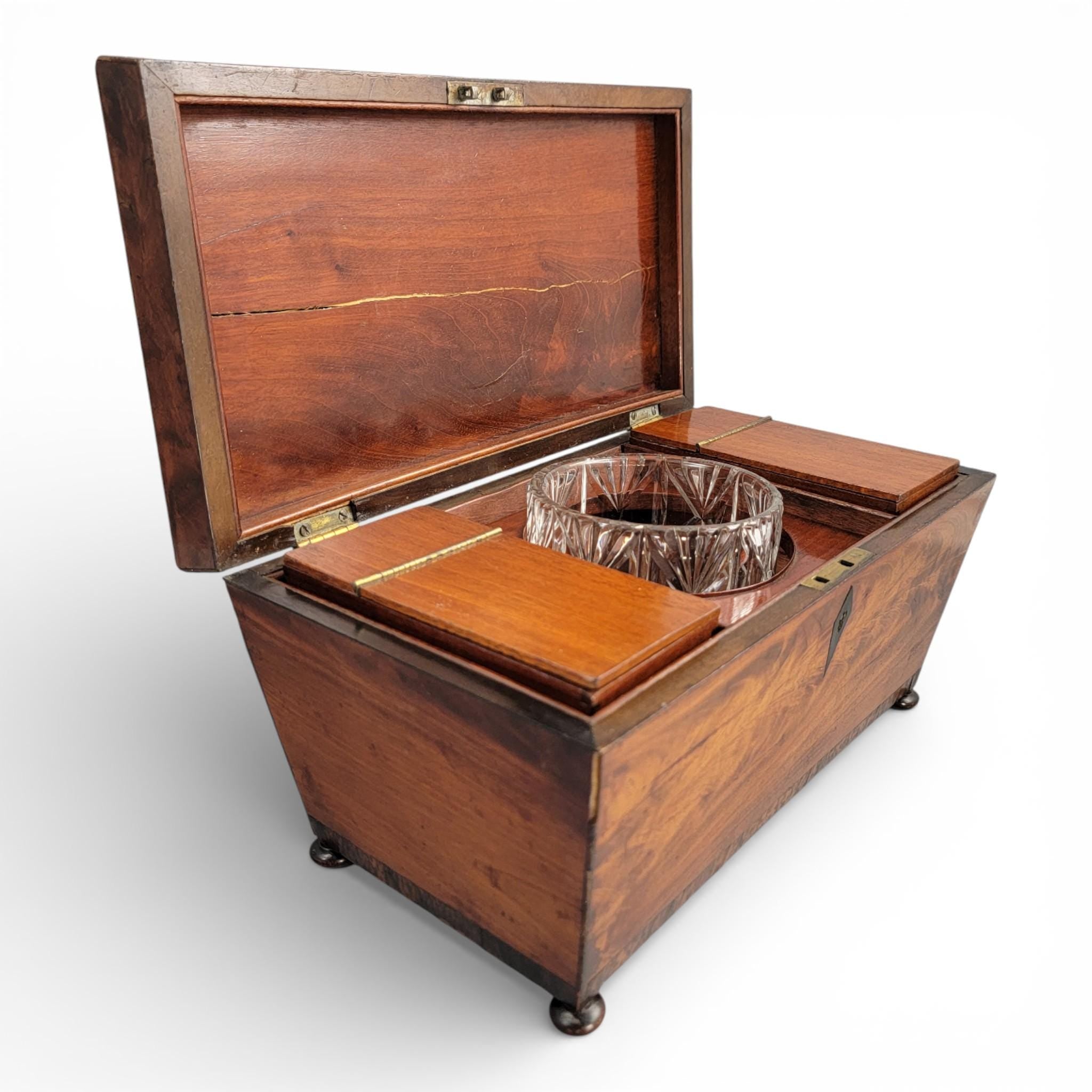Antique English Regency mahogany tea caddy with cut glass bowl, c. 1820–1835