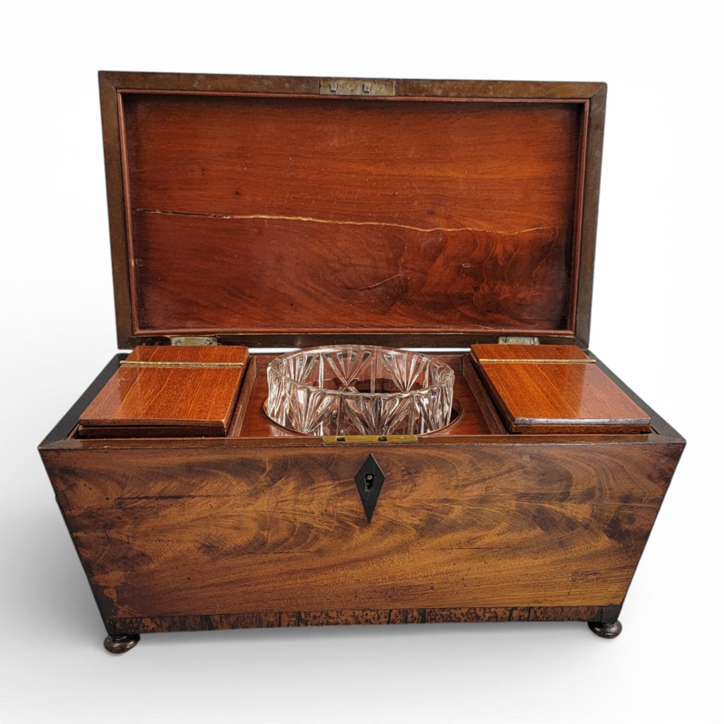 Antique English Regency mahogany tea caddy with cut glass bowl, c. 1820–1835