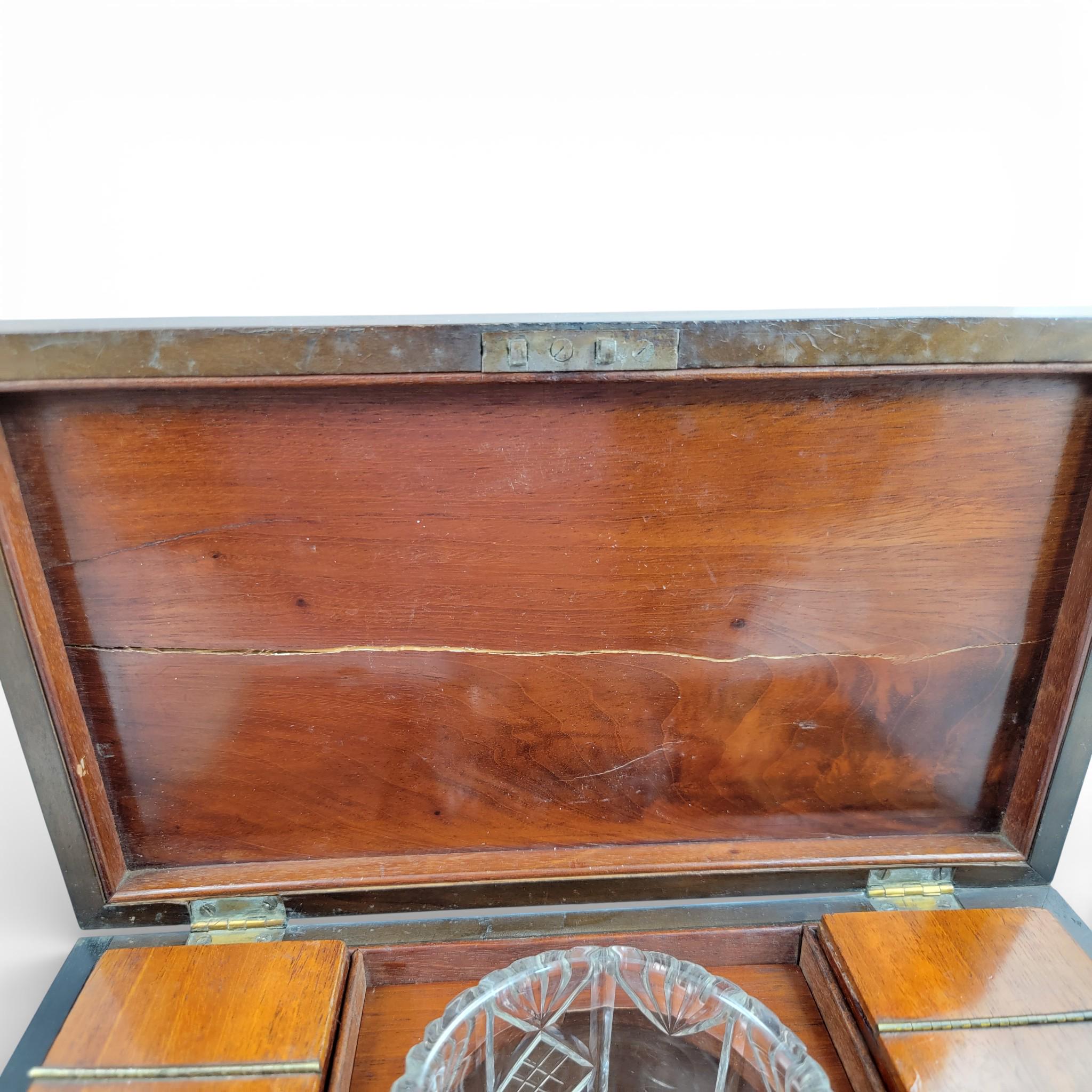 Antique English Regency mahogany tea caddy with cut glass bowl, c. 1820–1835